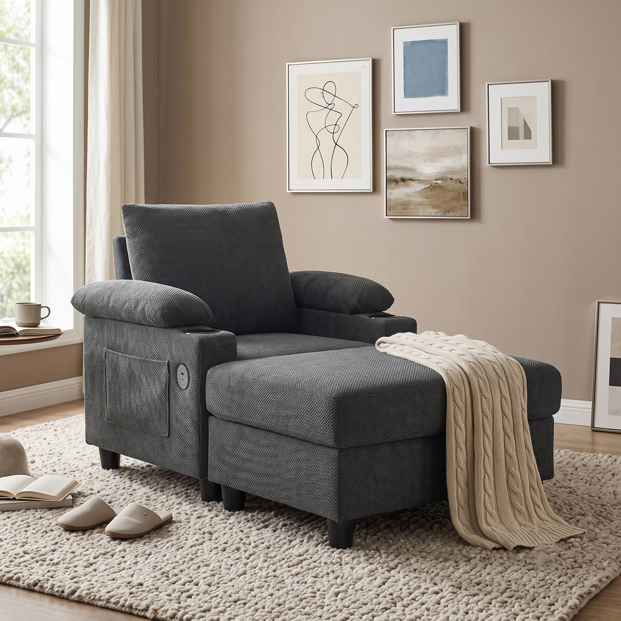 Garitin Accent Chair and Ottoman Set with Storage, Convertible Sleeper Chair with Reclining Backrest and USB Charging Port for Living Room, Dark Gray