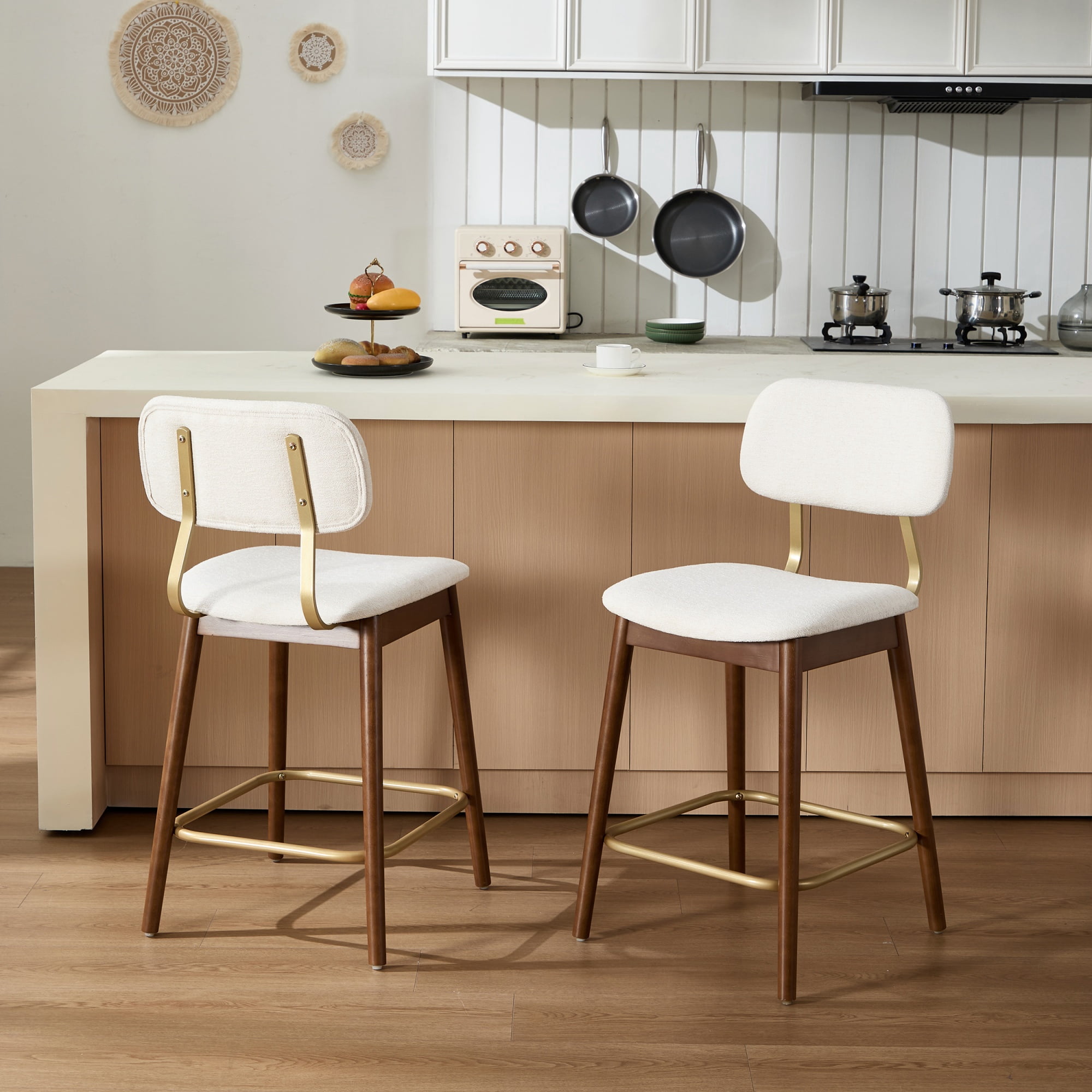 Garitin Bar Stool Set of 2 and Counter Height Chairs, Wooden Fabric Upholstered Seating with Curved Backrest for Kitchen Bar, Beige
