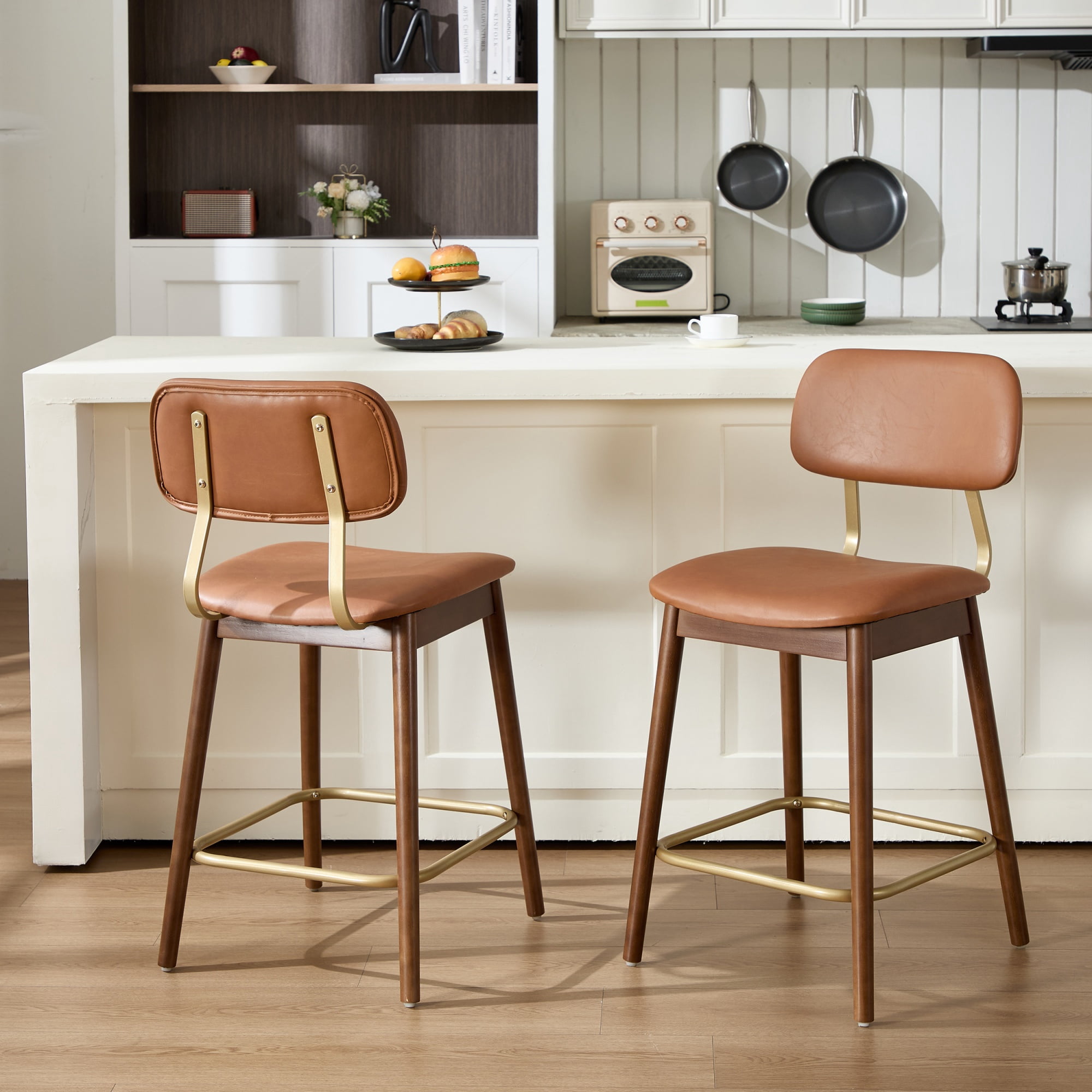 Garitin Bar Stool Set of 2 and Counter Height Chairs, Wooden Vinyl Upholstered Seating with Curved Backrest for Kitchen Bar, Brown