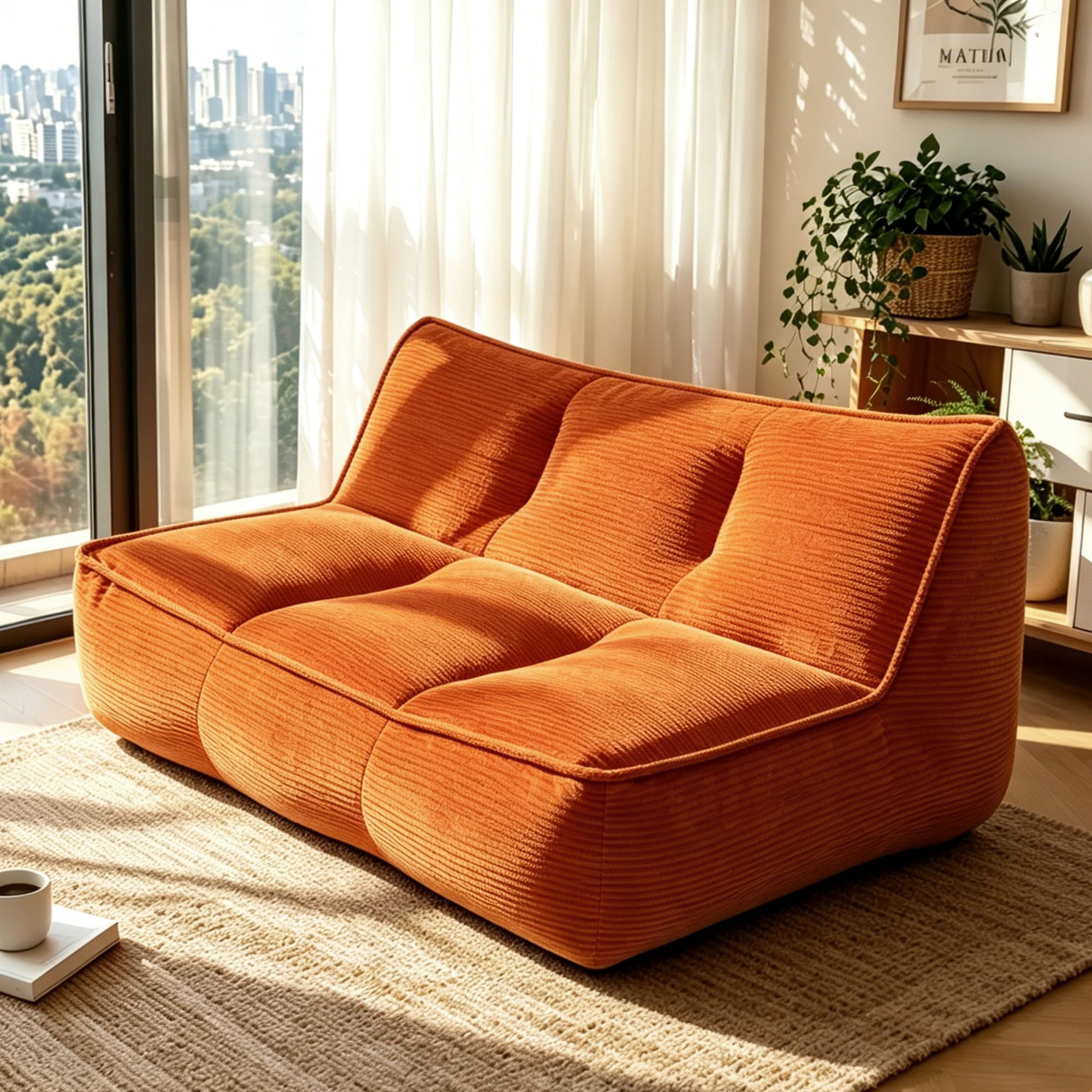 Garitin Bean Bag Sofa and Double Caterpillar Floor Couch 53 Inch, Corduroy Lounger for Living Room Bedroom Dorm, Orange