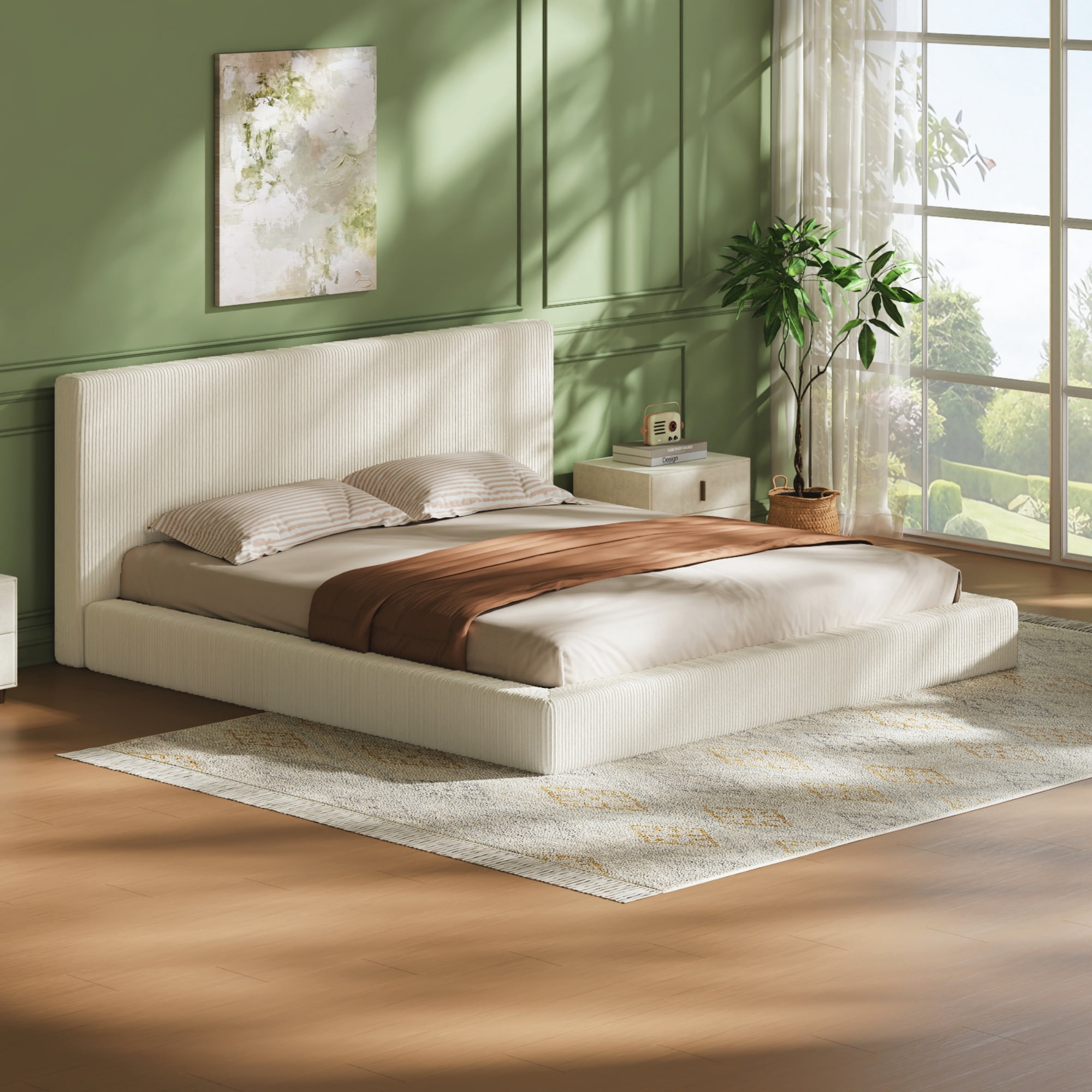 Garitin Bed Surround and King Size Upholstered Bed Frame, Corduroy Cushioned Bed Surround with High Density Sponge for Bedroom, Cream