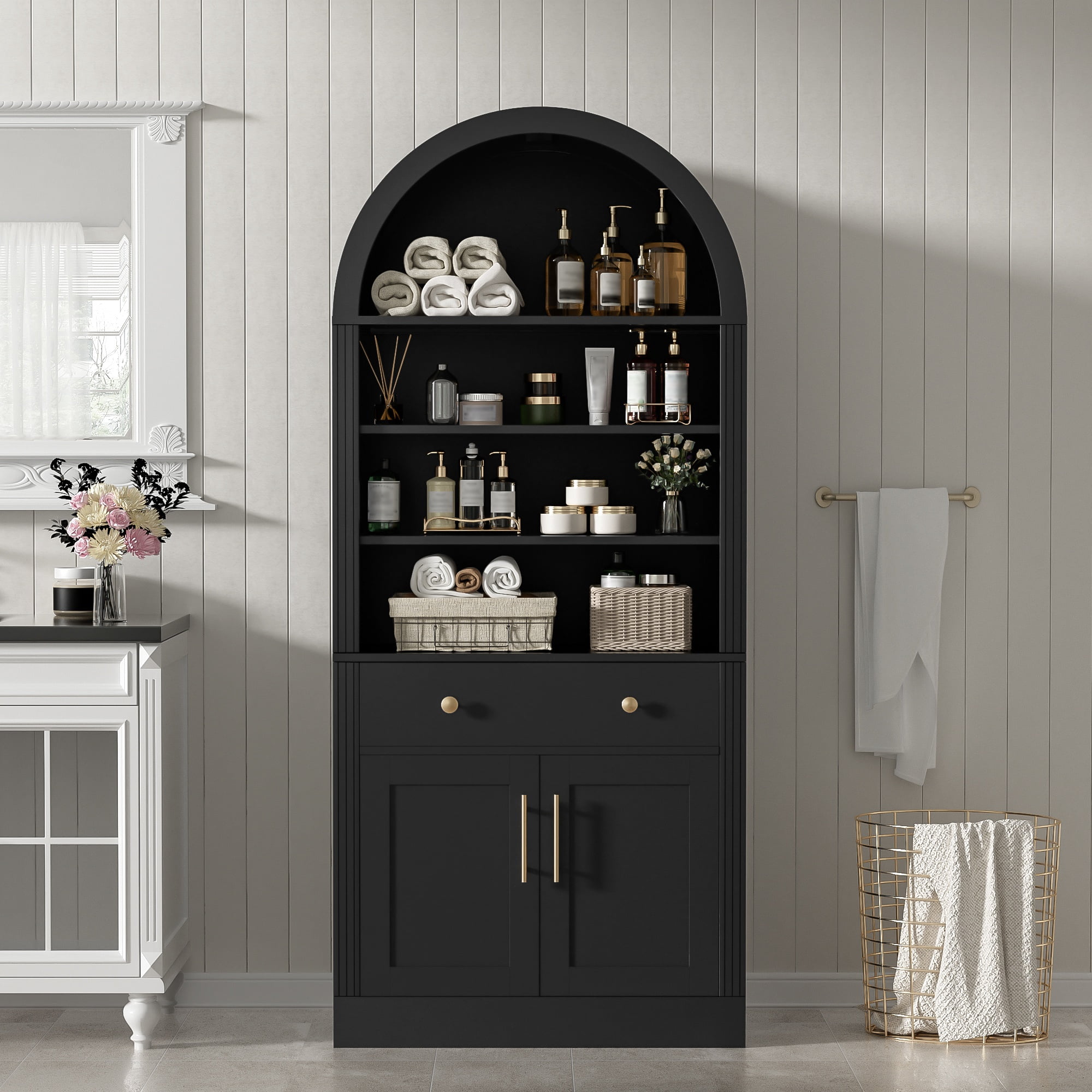 Garitin Bookshelf and Tall Arched Storage Cabinet 70.9 Inch, Display Bookcase with Adjustable Shelves and Drawer for Living Room Office, Black
