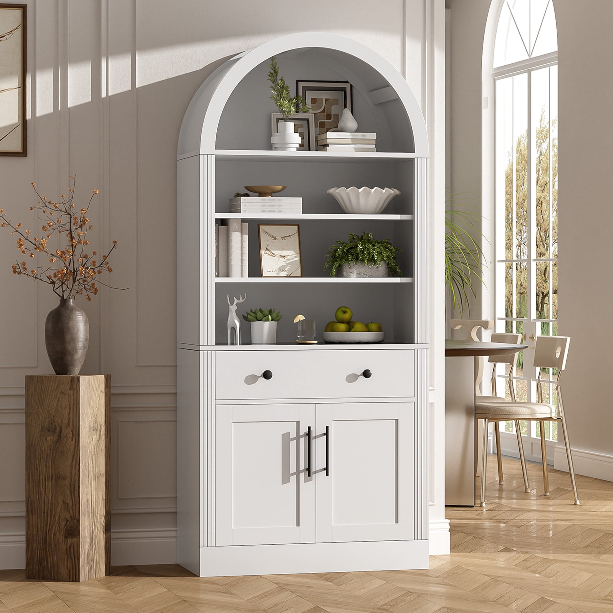 Garitin Bookshelf and Tall Arched Storage Cabinet 70.9 Inch, Display Bookcase with Adjustable Shelves and Drawer for Living Room Office, White