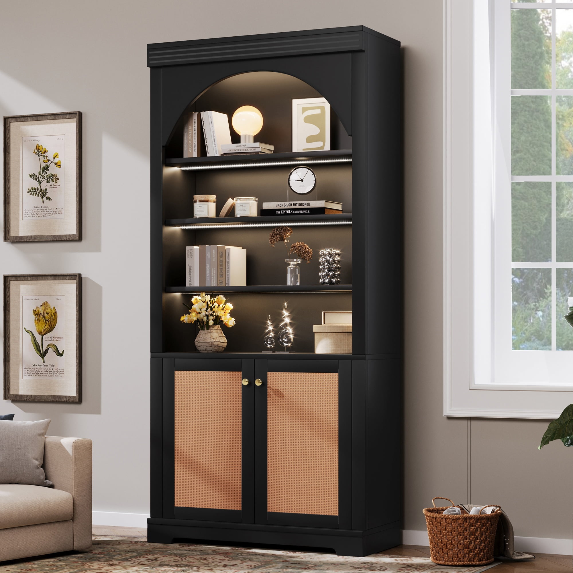 Garitin Bookshelf and Tall Display Bookcase 70.8 Inch, Storage Cabinet with LED Lights and Rattan Doors for Living Room Office, Black