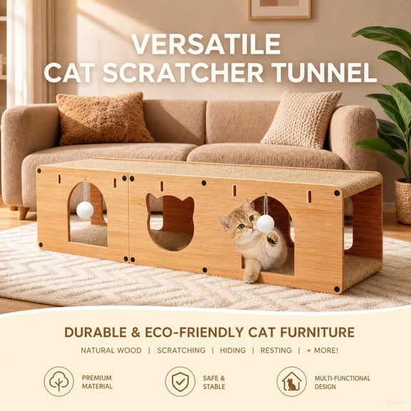 Garitin Cat Scratcher Tunnel, Modular Cat Hideout & Play Tunnel, 2-in-1 Convertible Wood Frame Corrugated Scratching Pads with Hanging Balls for Small Space Indoor Cats, 39.37 x 9.45 Inch