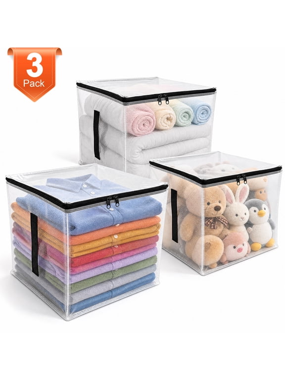 3 Pack Clear PVC Zipper Storage Bags, Foldable Cube Storage Bins with Handle, Dustproof Transparent Closet Organizer for Clothes, Blankets, Towels and Toys