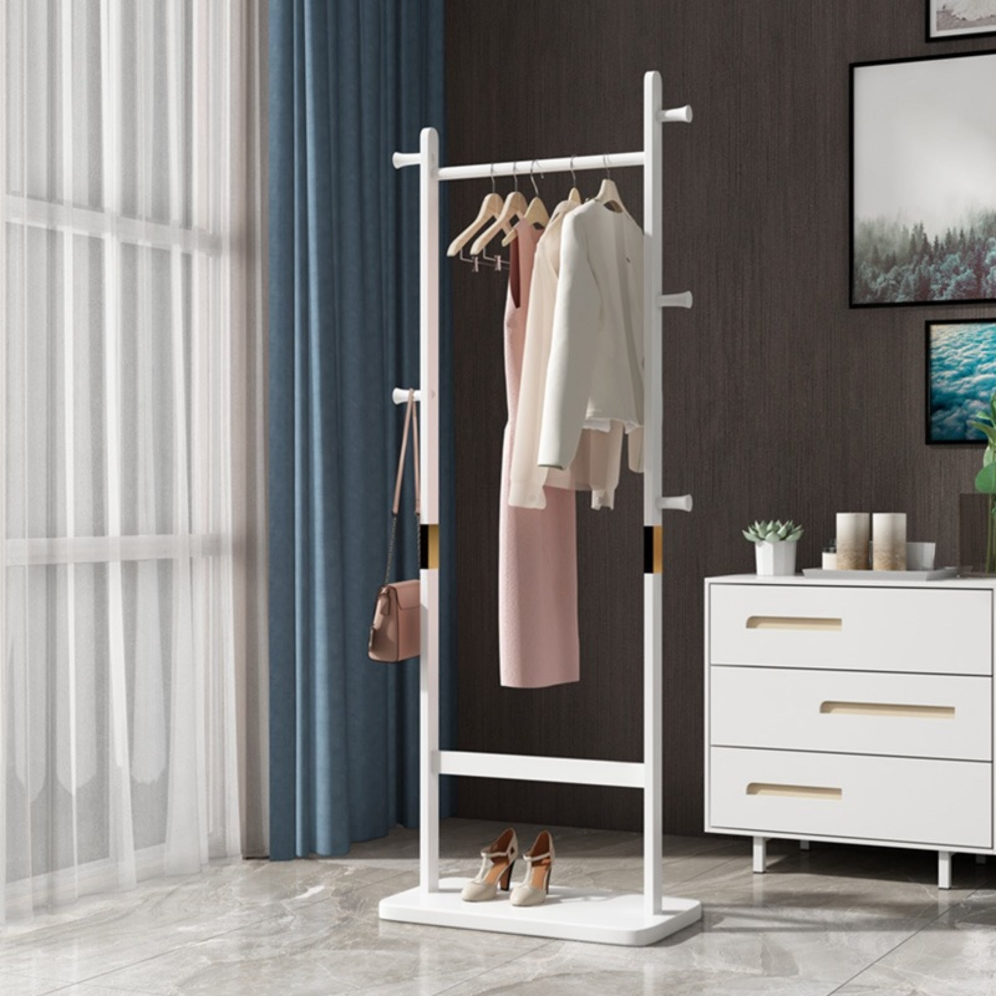 Garitin Coat Rack and Hall Tree 70.87 Inch, Solid Wood Freestanding Stand with Hooks and Hat Shelf for Entryway Living Room Bedroom, White Rubber Wood