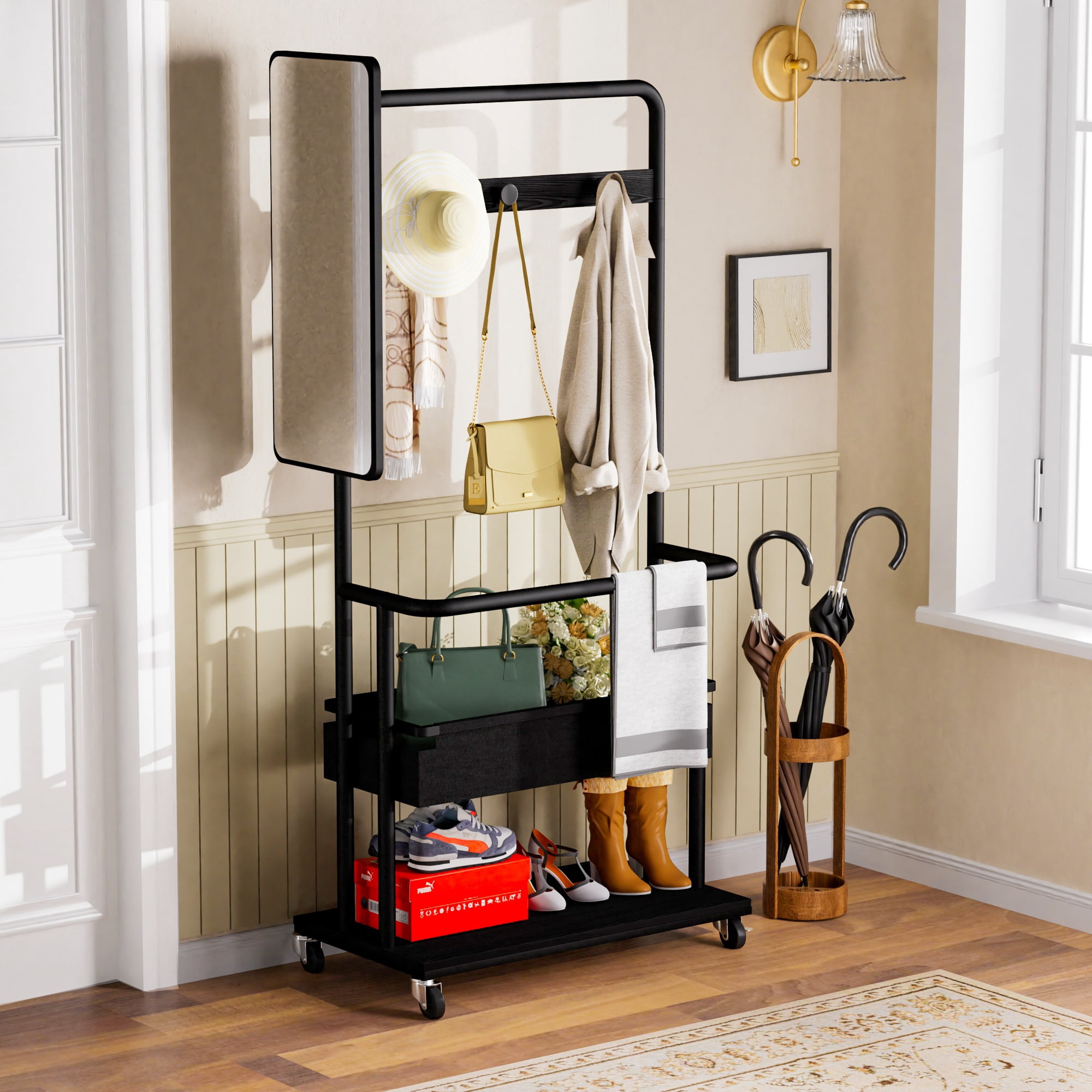 Garitin Coat Rack and Mobile Clothes Rack 67 Inch, Rolling Storage Stand with Casters and Full Length Mirror for Entryway Bedroom, Black