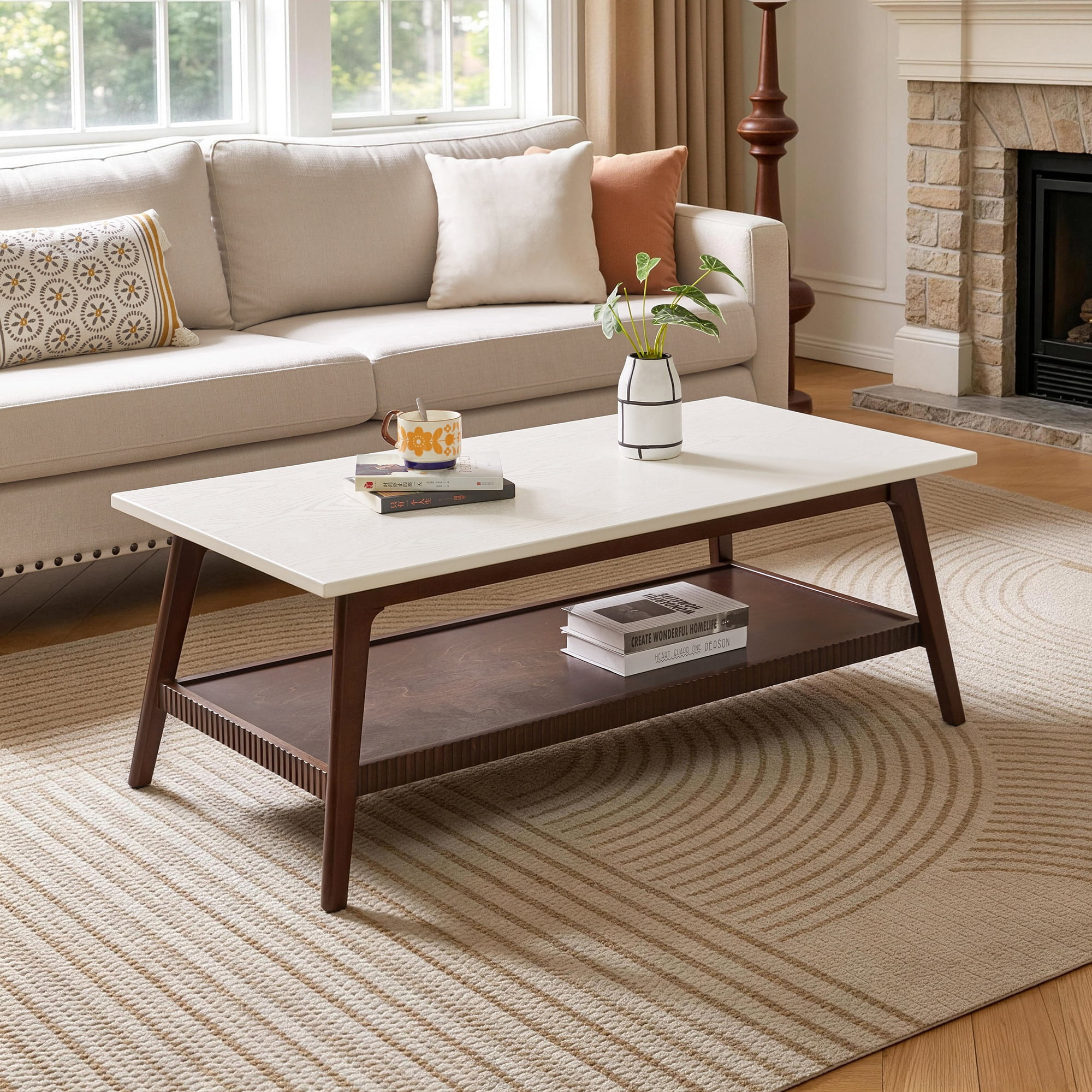 Garitin Coffee Table and Mid Century Modern Center Table 47.24 Inch, Two Tone Wooden Cocktail Table with Lower Storage Shelf for Living Room, Walnut and White