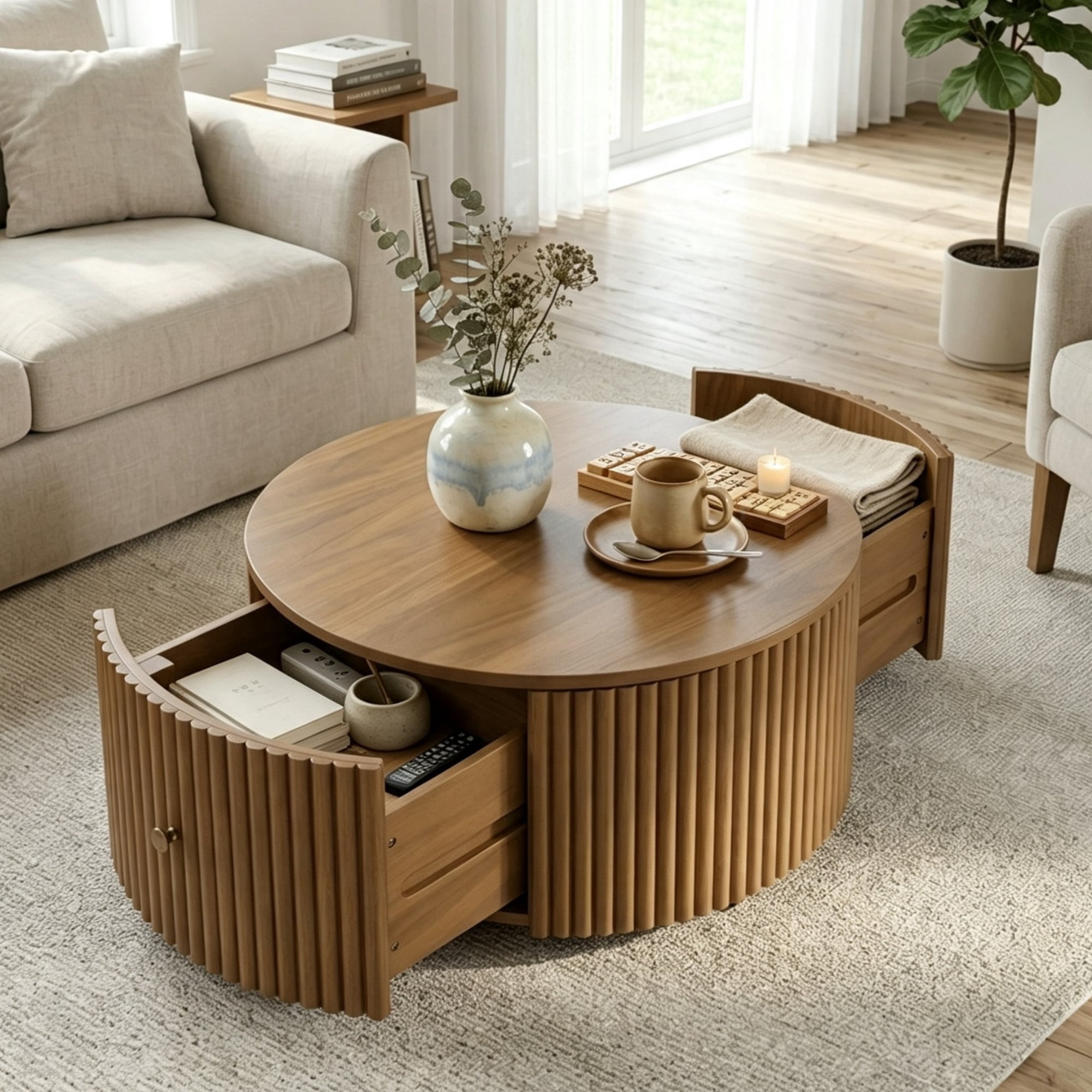 Garitin Coffee Table and Round Fluted Drum Pedestal 30.3 Inch, Mid Century Modern Center Table with Hidden Drawers and Rolling Casters for Living Room, Walnut