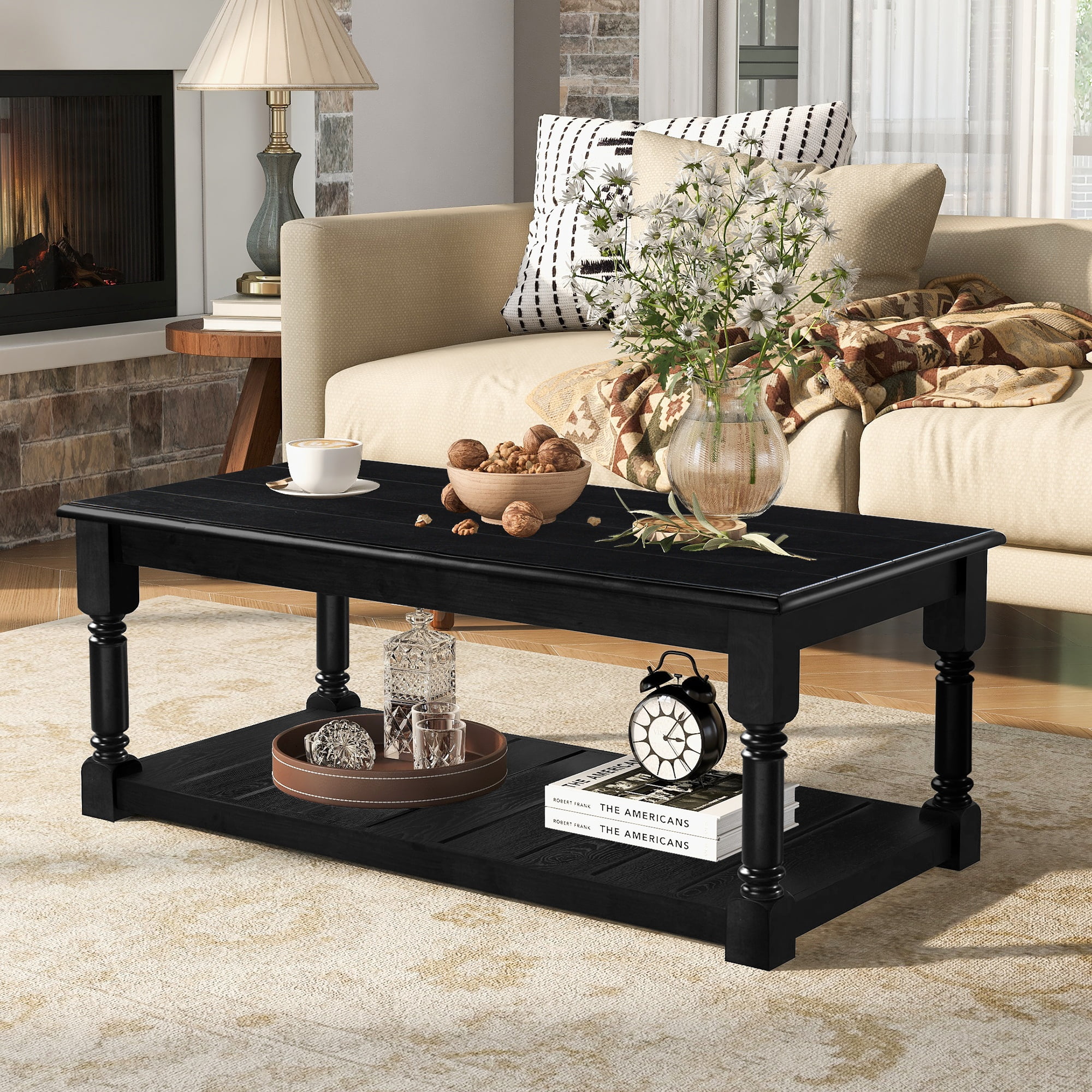 Garitin Coffee Table and Farmhouse Rectangular Center Table 45.3 Inch, Wooden Cocktail Table with Lower Storage Shelf for Living Room, Black