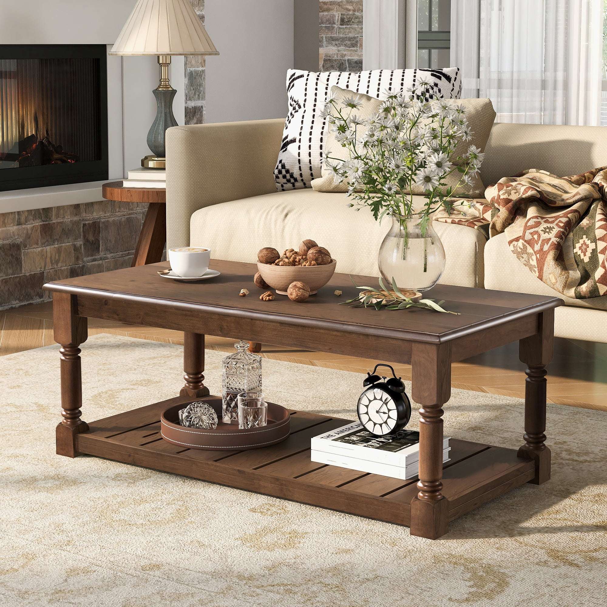 Garitin Coffee Table and Farmhouse Rectangular Center Table 45.3 Inch, Wooden Cocktail Table with Lower Storage Shelf for Living Room, Brown