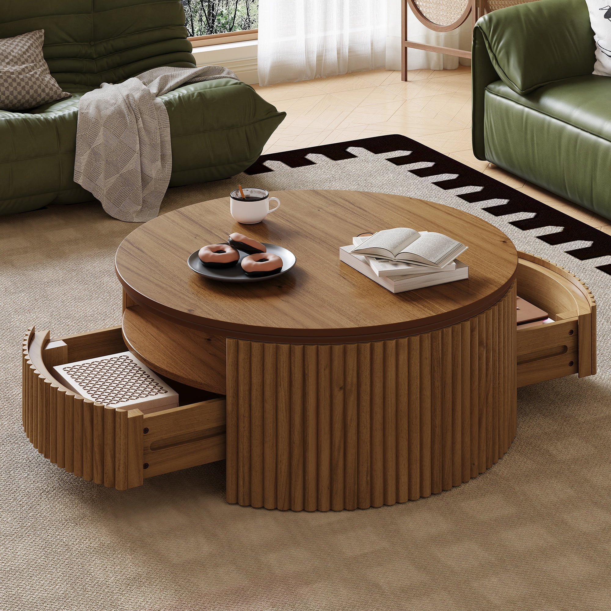 Garitin Coffee Table and Round Fluted Drum Pedestal 30.3 Inch, Mid Century Modern Center Table with Hidden Storage Drawers for Living Room, Walnut