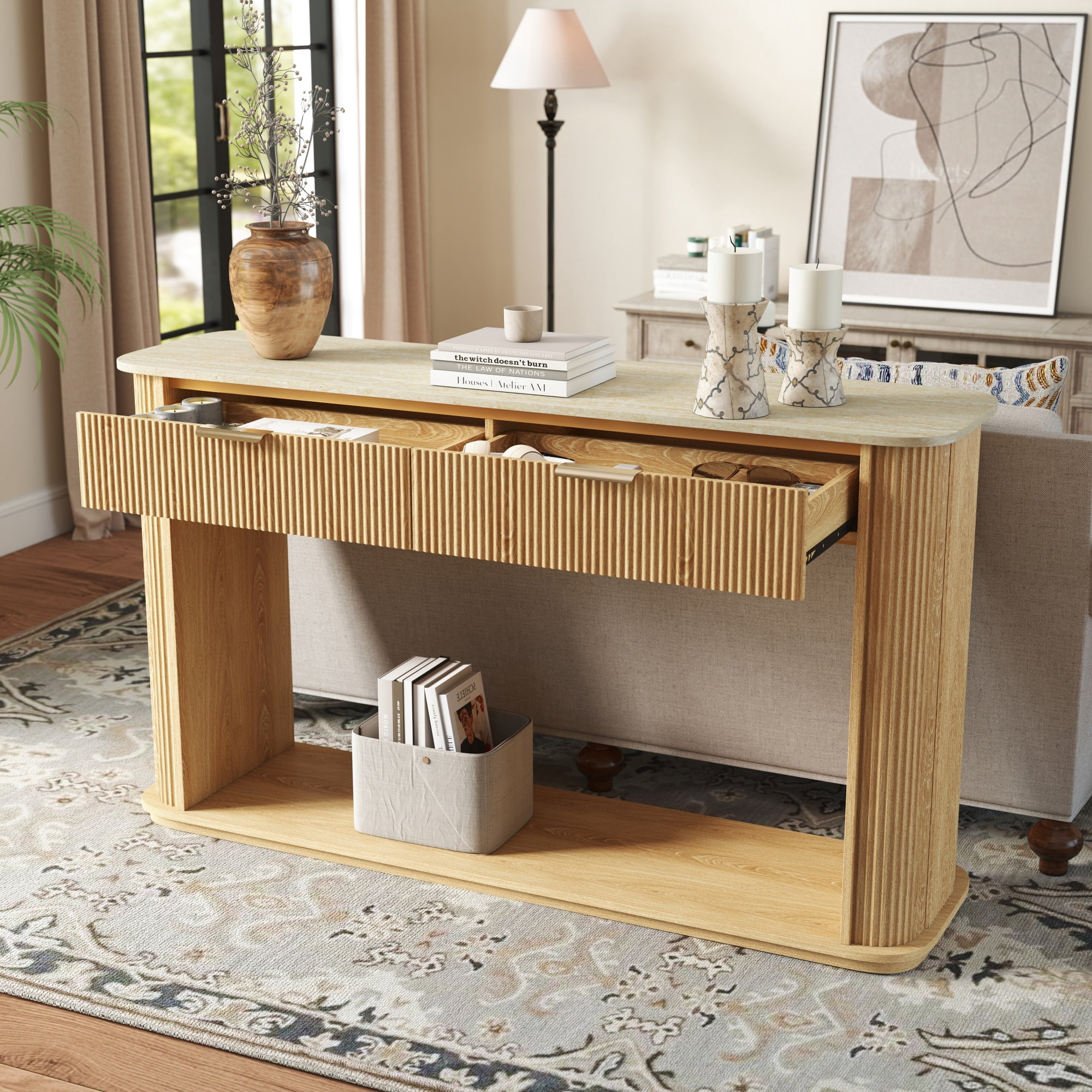 Garitin Console Table and Fluted Entryway Sofa Table 63 Inch, Modern Hallway Accent Table with Faux Travertine Top and 2 Drawers, Natural Wood