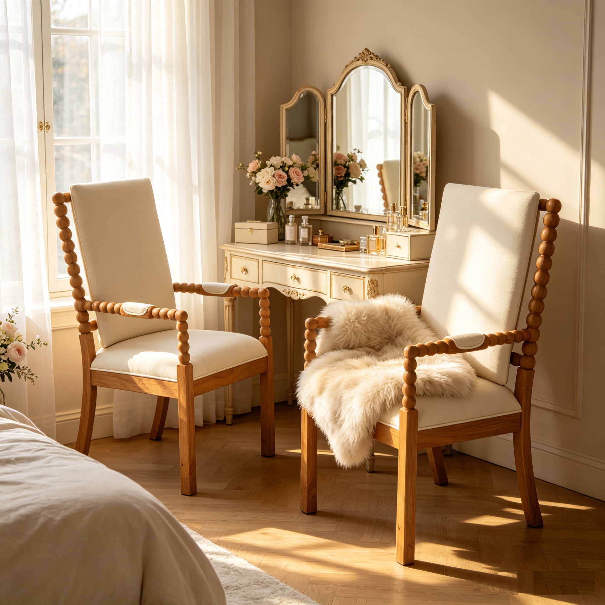 Garitin Dining Chair Set of 2 and Rubber Wood Side Chairs, Fabric Upholstered Seating with Spindle Back for Kitchen and Dining Room, Natural and Beige