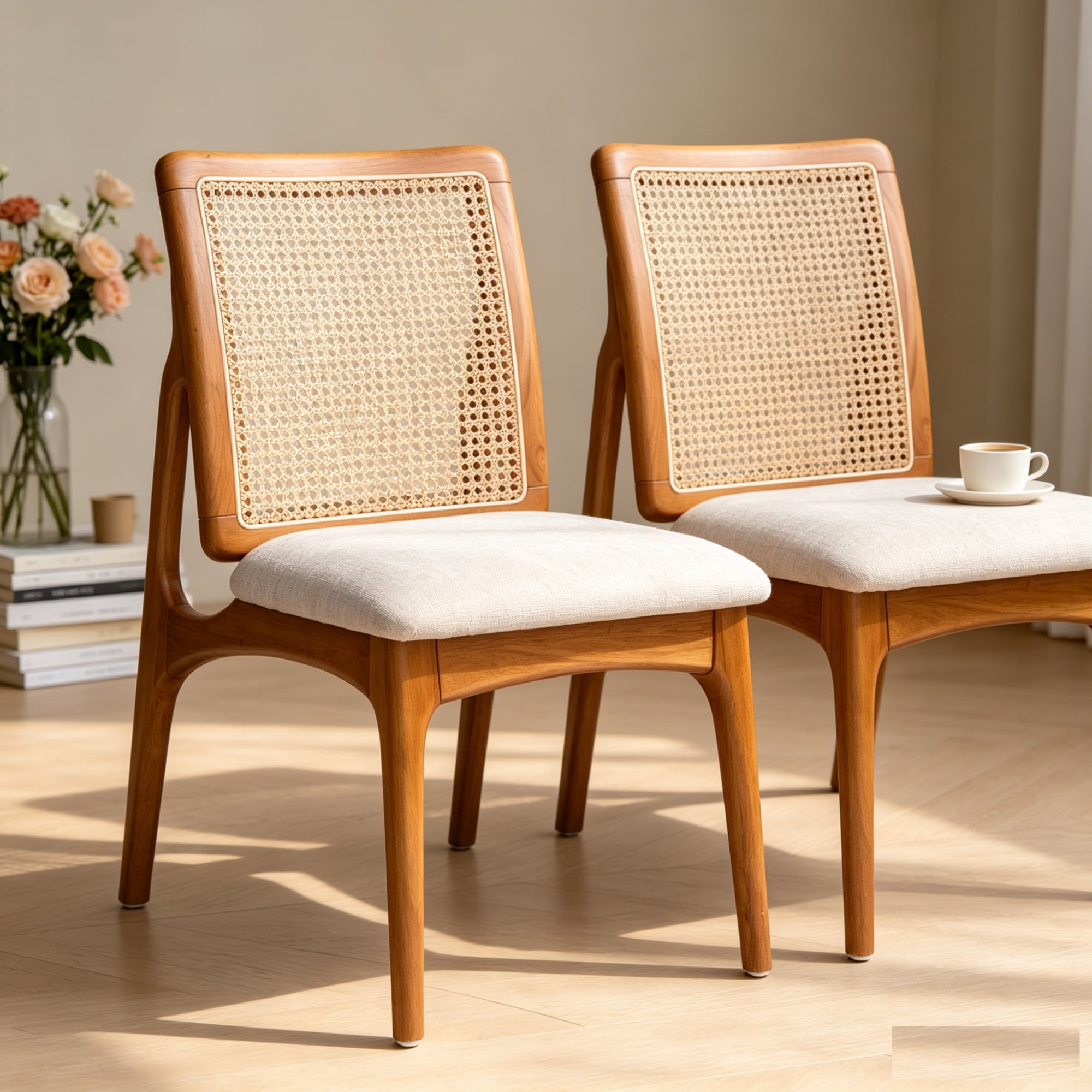 Garitin Dining Chair Set of 2 and Rattan Back Side Chairs, Wooden Frame Seating with Fabric Cushion for Kitchen and Dining Room, Natural