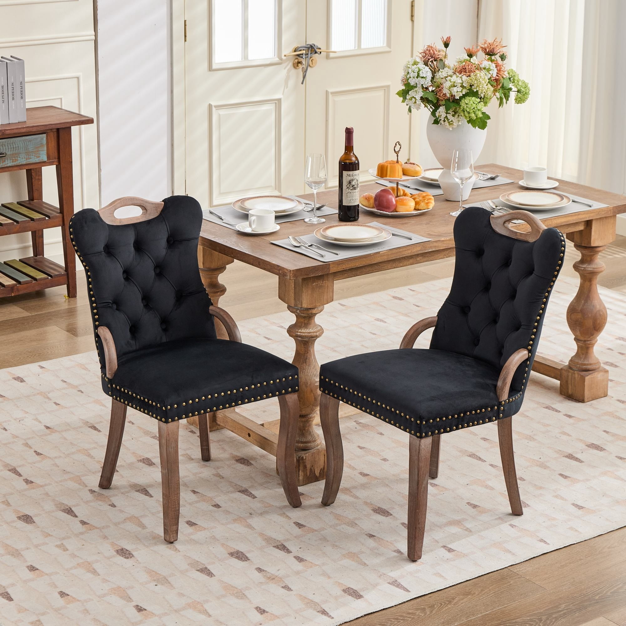 Garitin Dining Chair Set of 2 and Velvet Upholstered Arm Chairs, Button Tufted Back with Nailhead Trim and Solid Wood Legs for Dining Room, Black