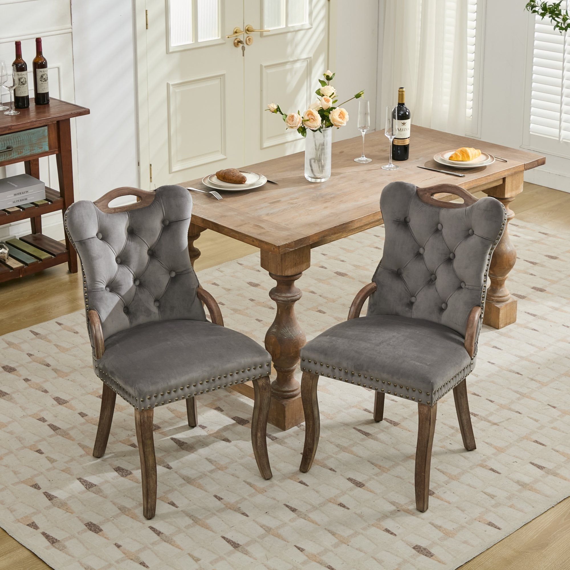 Garitin Dining Chair Set of 2 and Velvet Upholstered Side Chairs, Hand Tufted Seating with Solid Wood Legs for Dining Room, Gray