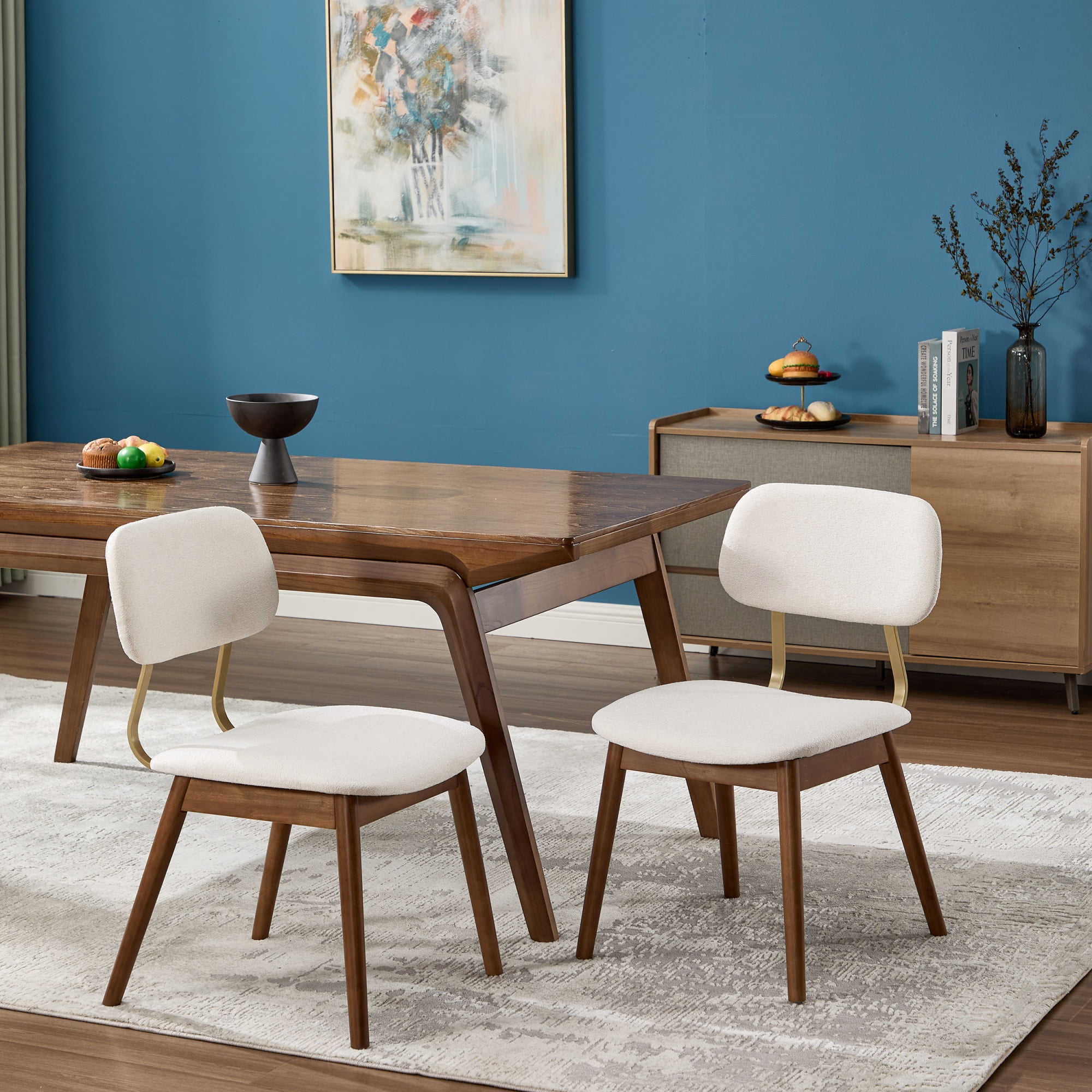 Garitin Dining Chair Set of 2 and Wooden Side Chairs, Fabric Upholstered Seating with Curved Backrest for Kitchen and Dining Room, Beige