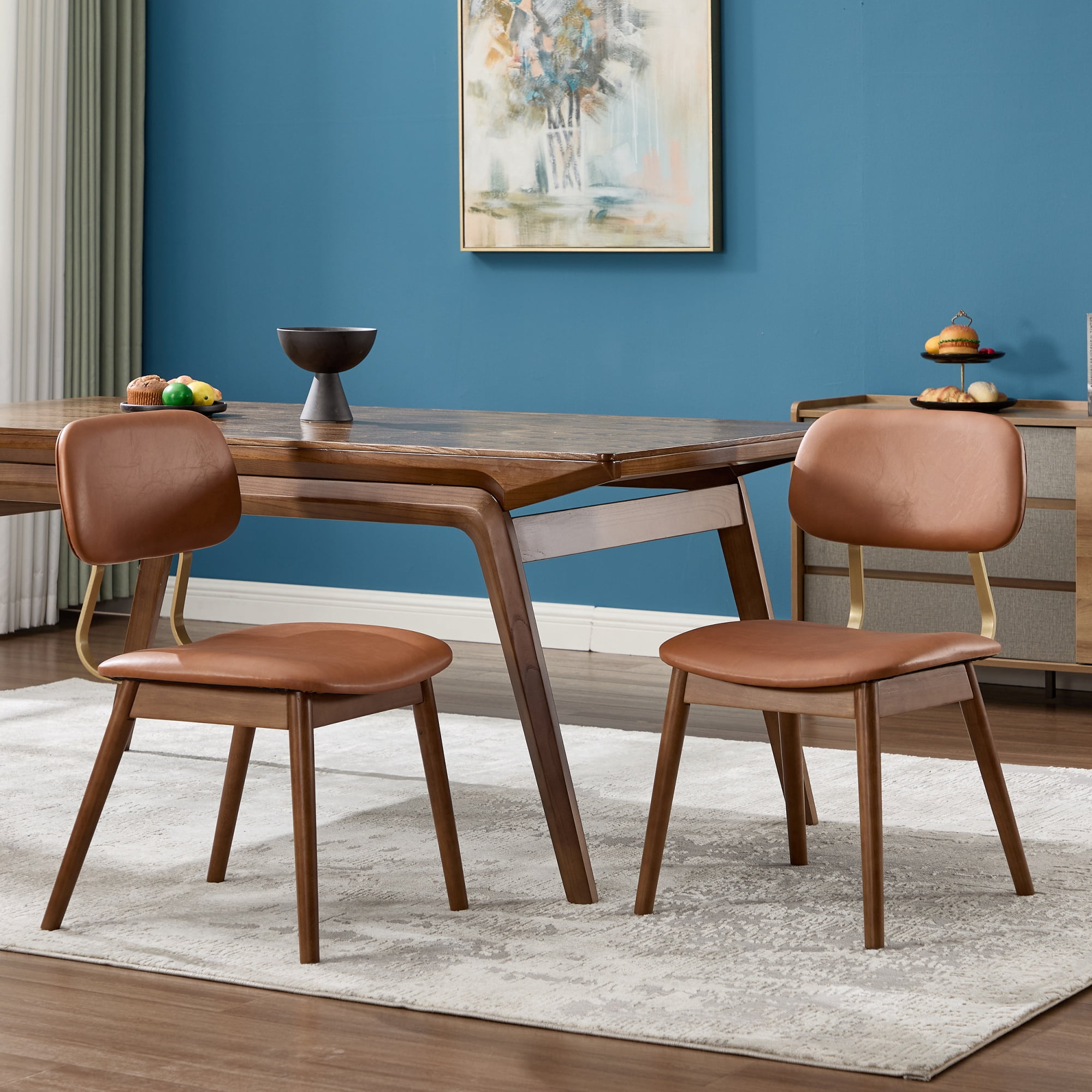 Garitin Dining Chair Set of 2 and Wooden Side Chairs, Vinyl Upholstered Seating with Curved Backrest for Kitchen and Dining Room, Brown