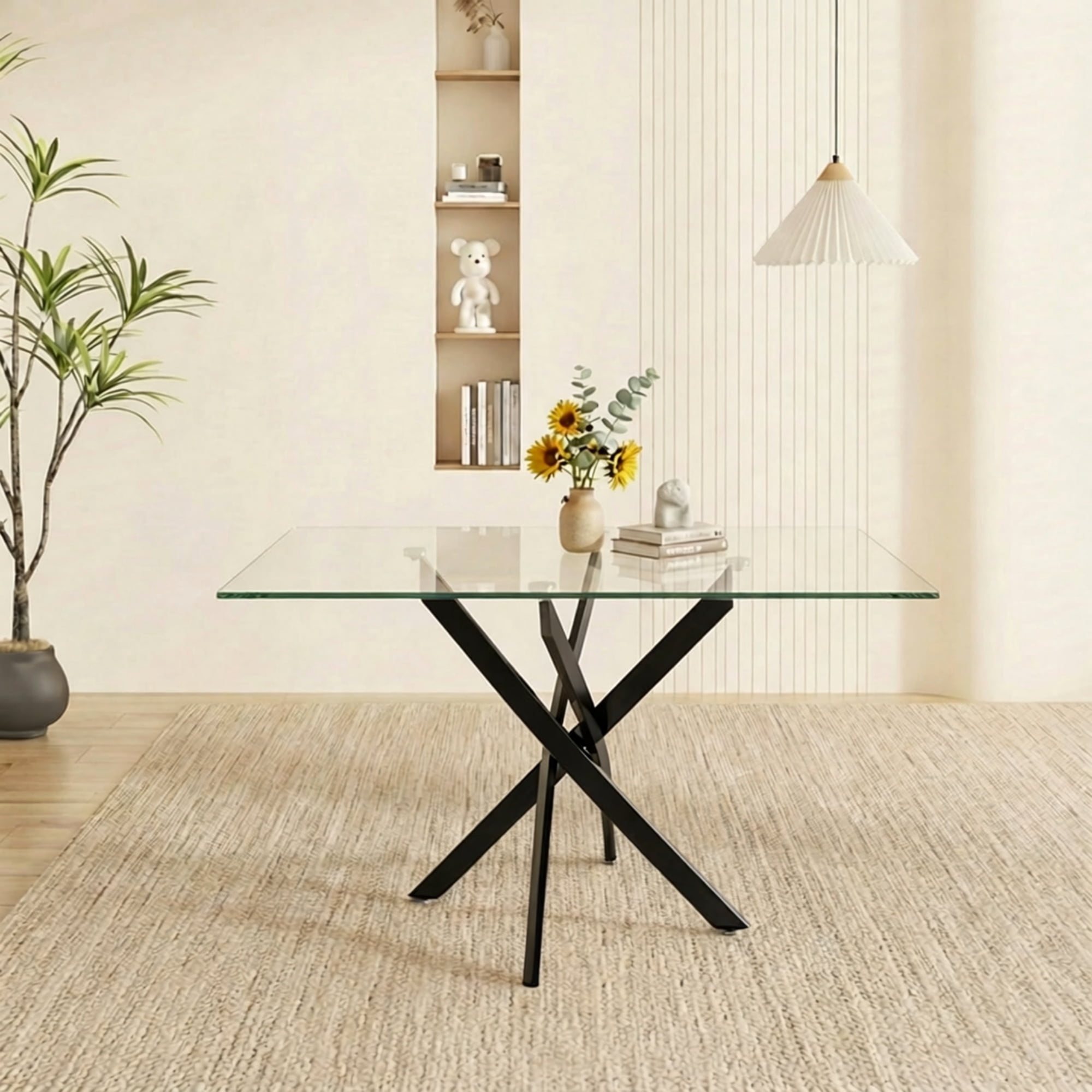 Garitin Dining Table and Rectangular Glass Top Kitchen Table 47.24 Inch, Modern Center Table with Black Metal Legs for Dining Room, Black