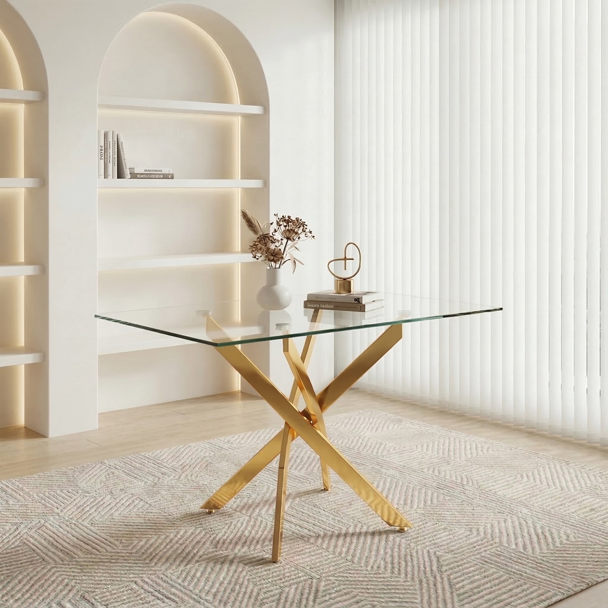 Garitin Dining Table and Rectangular Glass Top Kitchen Table 47.24 Inch, Modern Center Table with Gold Metal Legs for Dining Room, Gold