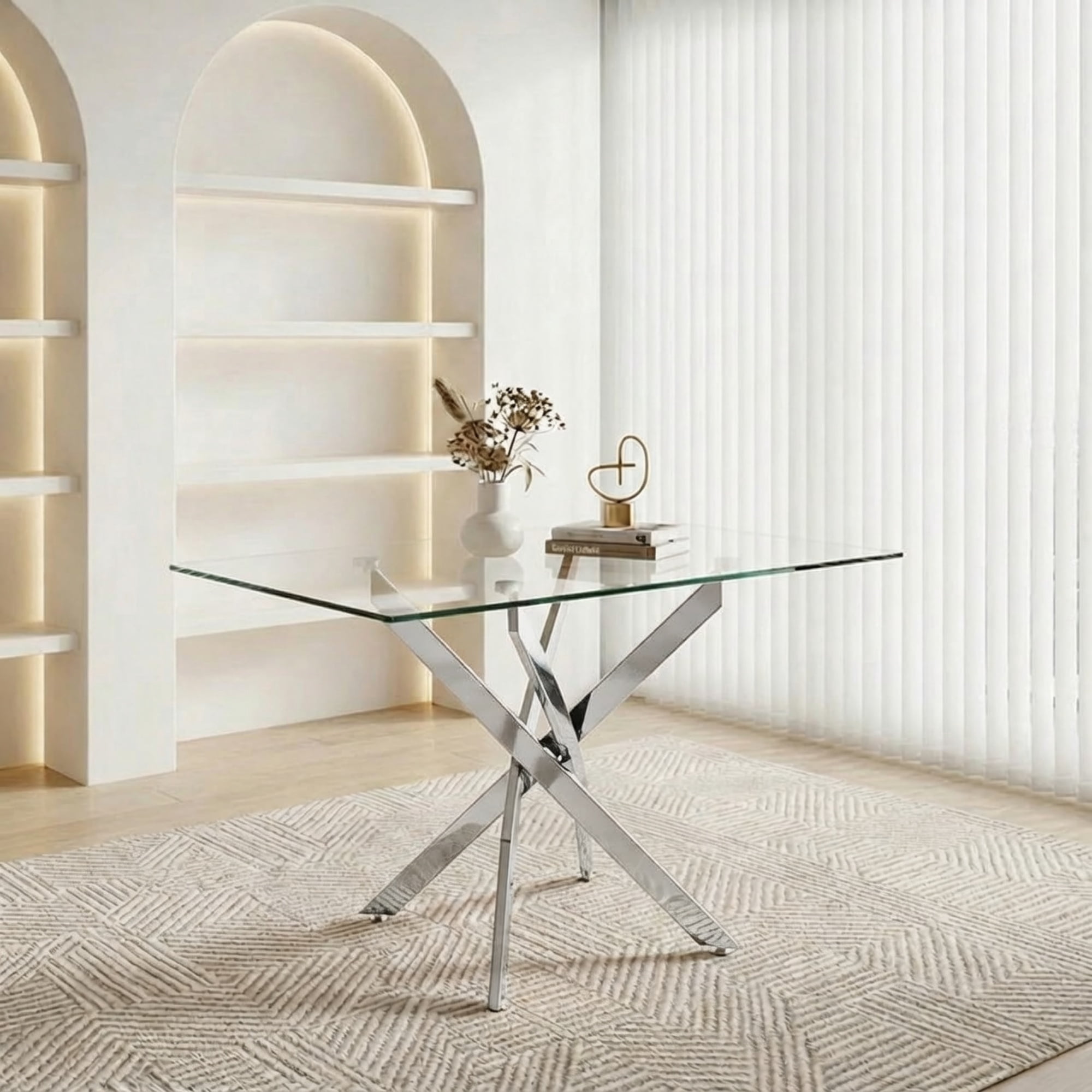 Garitin Dining Table and Rectangular Glass Top Kitchen Table 47.24 Inch, Modern Center Table with Silver Metal Legs for Dining Room, Silver