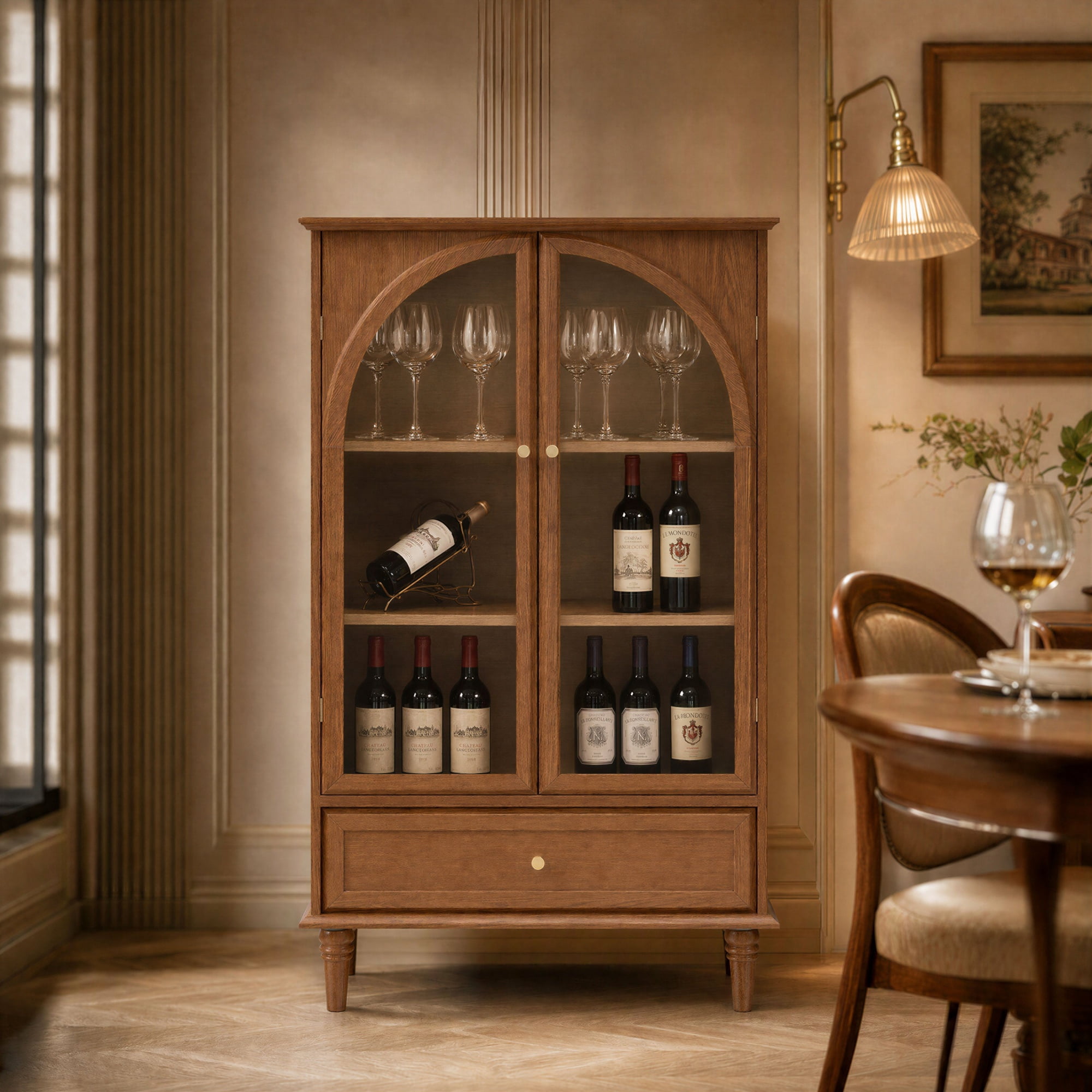 Garitin Display Cabinet and Sideboard 52.4 Inch, Farmhouse Arched Glass Door Storage with Adjustable Shelves and Drawer for Living Room Dining Room, Walnut