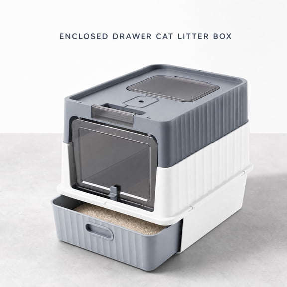 Garitin Enclosed Drawer Cat Litter Box, Front‑Entry Top‑Exit Anti‑Tracking Hooded Cat Toilet, Odor Control Easy Pull‑Out Drawer Litter Box, Durable PP Litter Pan for Indoor Cats Up to 15 lbs Gray