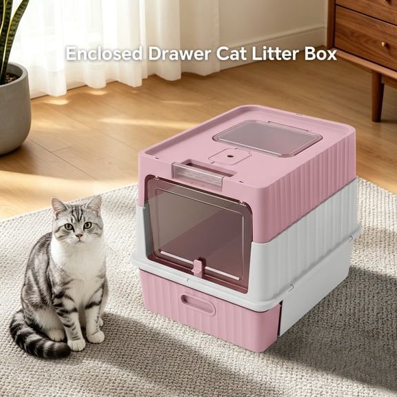 Garitin Enclosed Drawer Cat Litter Box, Front‑Entry Top‑Exit Anti‑Tracking Hooded Cat Toilet, Odor Control Easy Pull‑Out Drawer Litter Box, Durable PP Litter Pan for Indoor Cats Up to 15 lbs Pink
