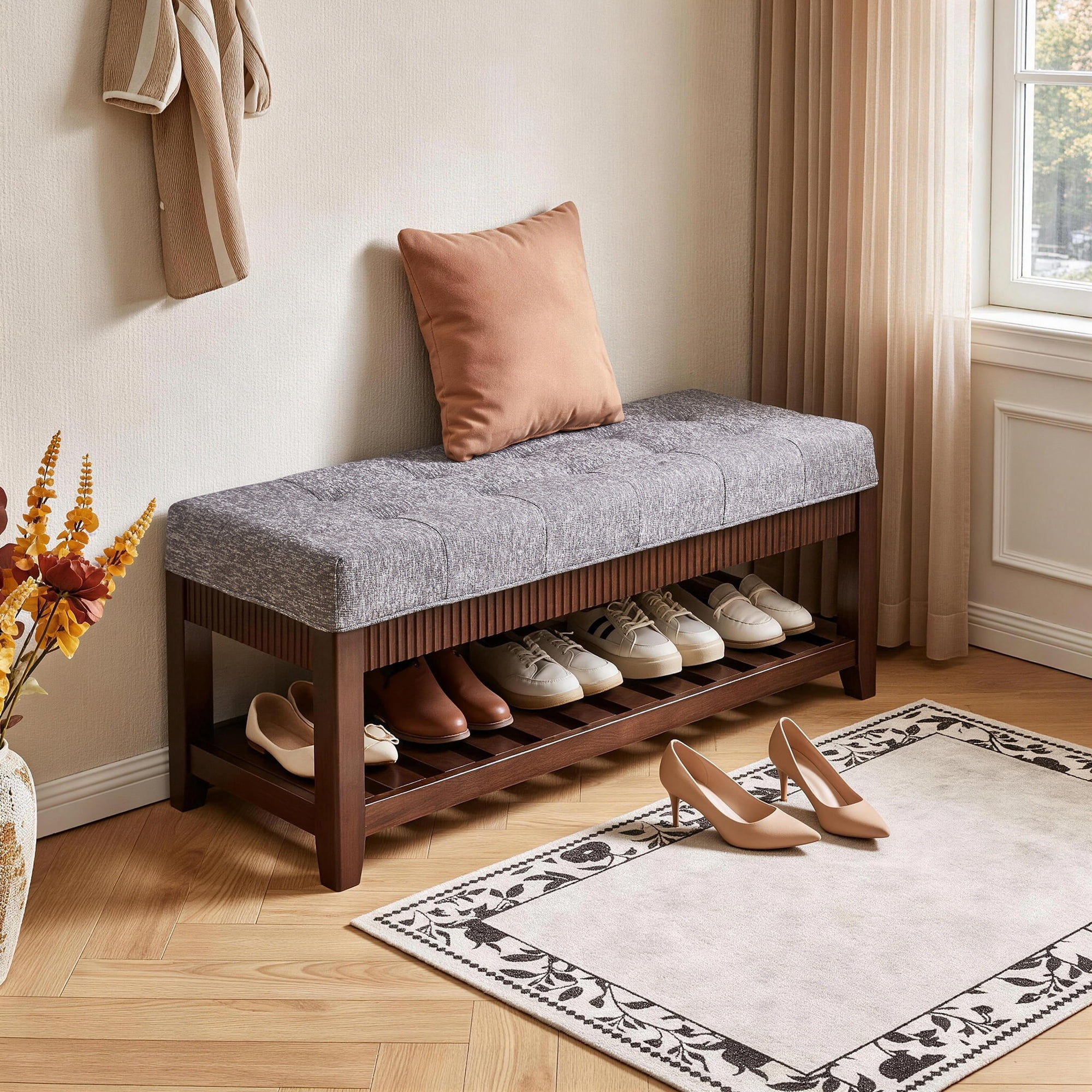 Garitin Entryway Bench and Solid Wood Shoe Bench 43.7 Inch, Upholstered Storage Bench with Padded Cushion and Lower Shoe Rack for Foyer, Gray