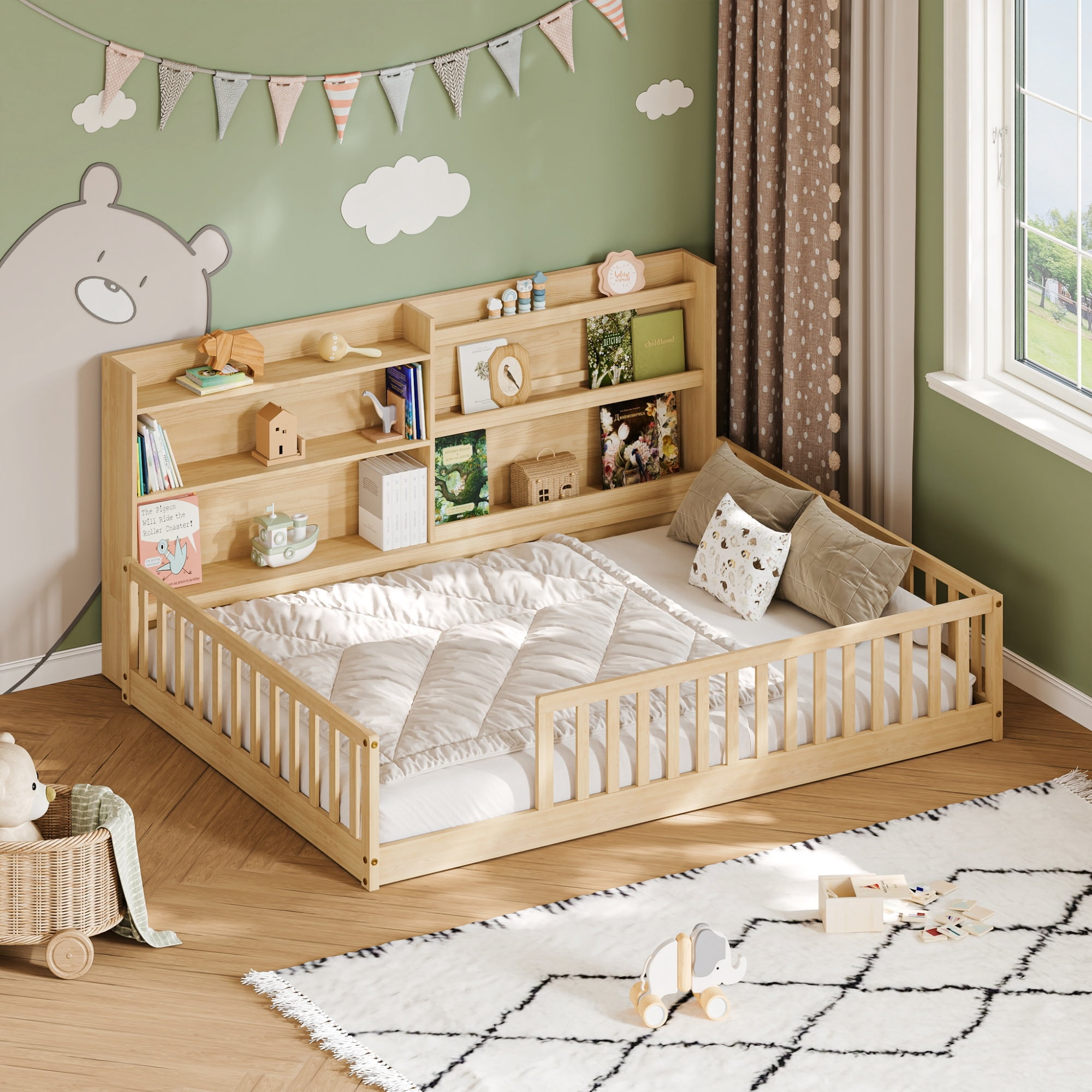 Garitin Full Floor Bed and Montessori Kids Bed 77.2 Inch, Solid Pine Wood Frame with Bookshelf and Safety Rails for Children Bedroom, Natural