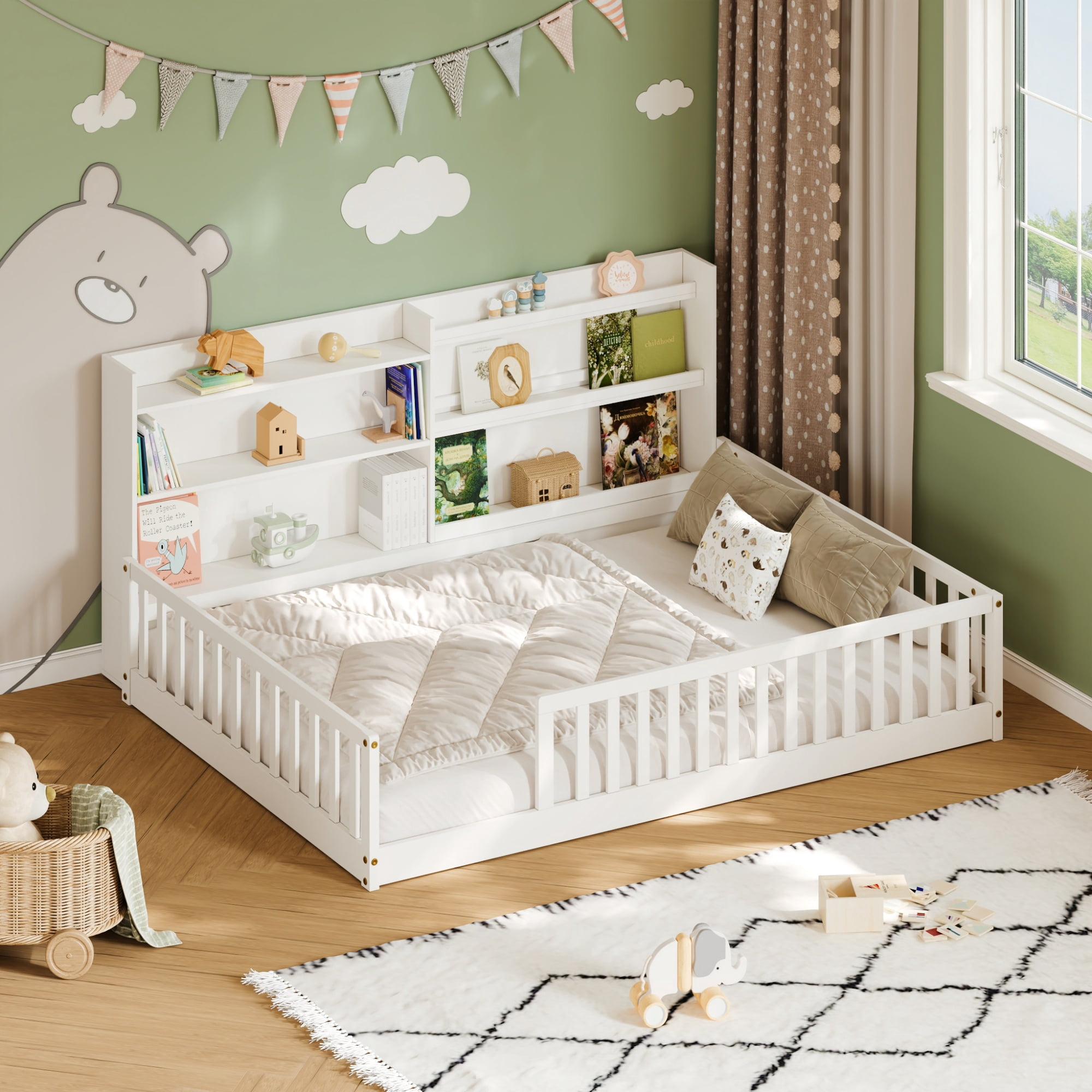 Garitin Full Floor Bed and Montessori Kids Bed 77.2 Inch, Solid Pine Wood Frame with Bookshelf and Safety Rails for Children Bedroom, White