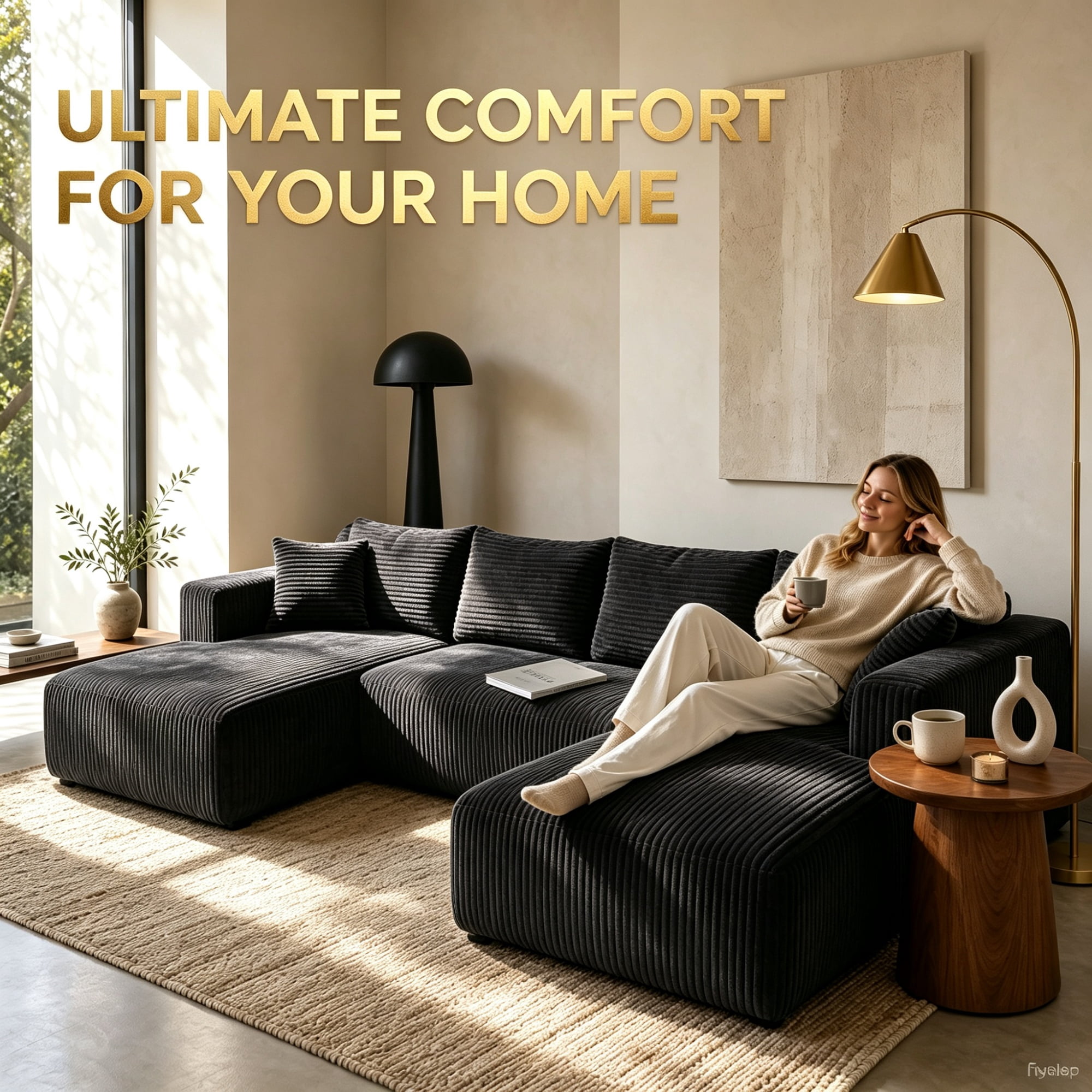 Garitin Modular Sectional Sofa 132 Inch U-Shaped, No Assembly Required Corduroy Couch with Double Chaise and Deep Seat for Living Room Apartment, Black