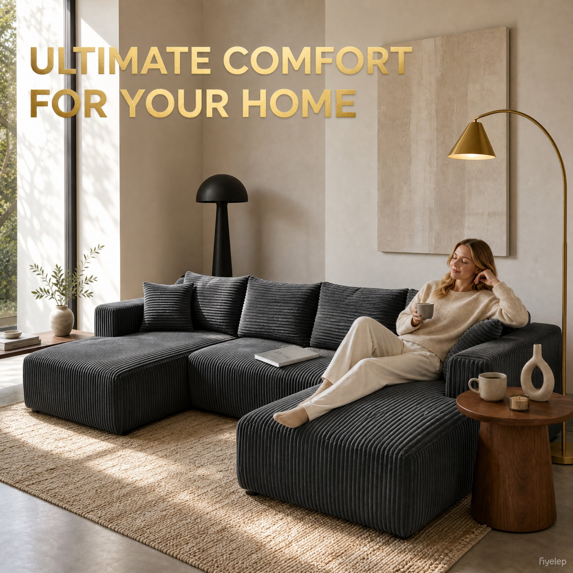 Garitin Modular Sectional Sofa 132 Inch U-Shaped, No Assembly Required Corduroy Couch with Double Chaise and Deep Seat for Living Room Apartment, Gray
