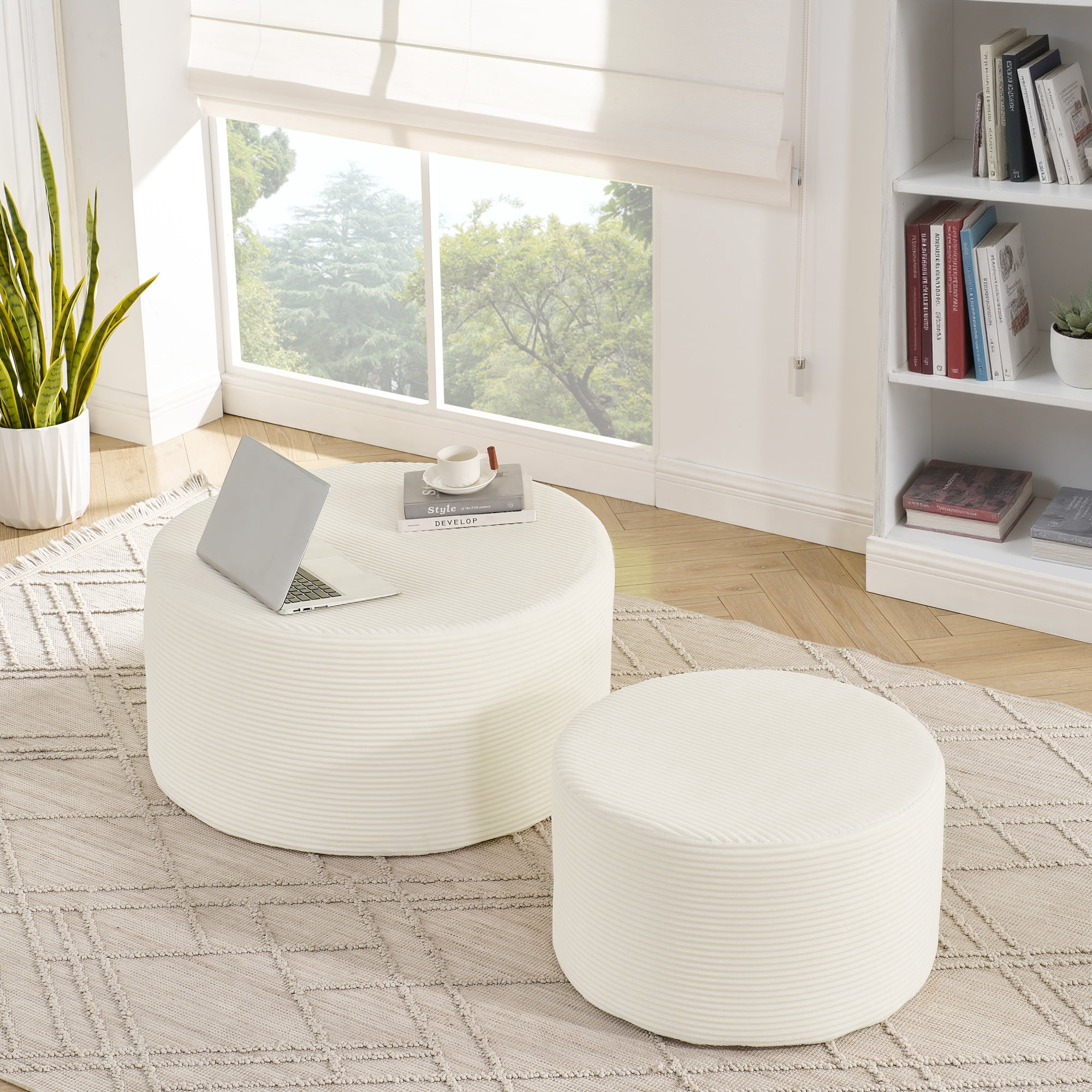 Garitin Ottoman Set of 2 and Round Cylindrical Floor Stools, Upholstered Pouf Seating for Living Room Bedroom Lounge, Beige