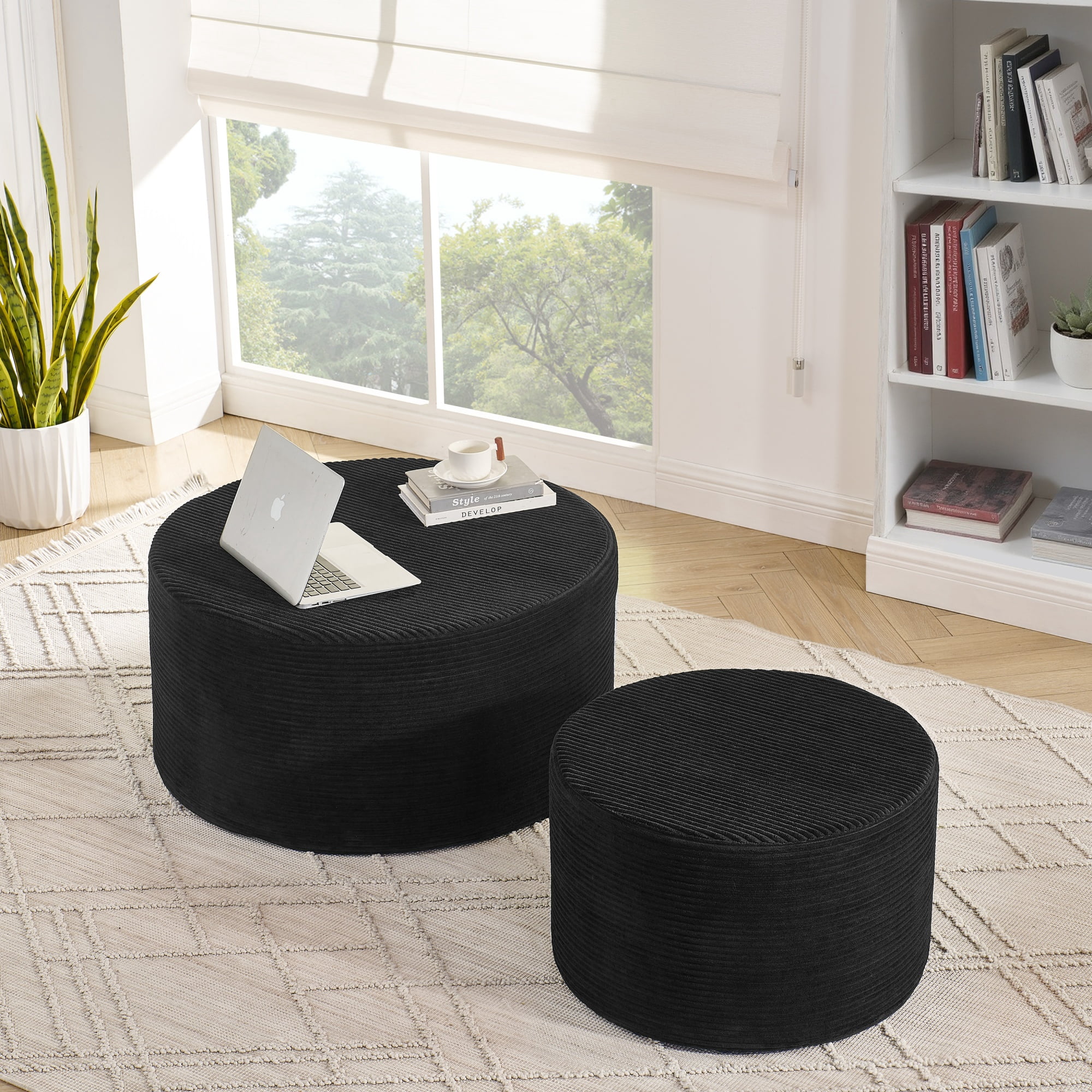 Garitin Ottoman Set of 2 and Round Cylindrical Floor Stools, Upholstered Pouf Seating for Living Room Bedroom Lounge, Black