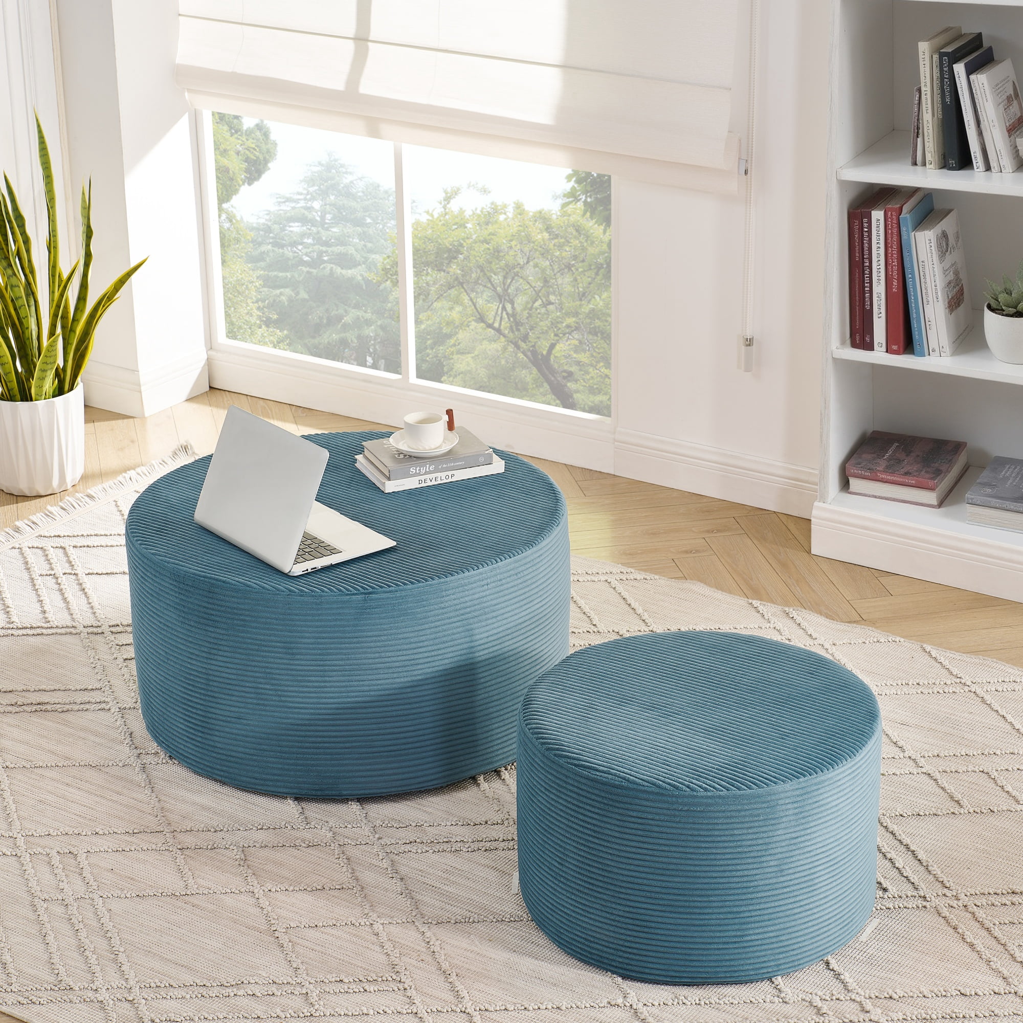 Garitin Ottoman Set of 2 and Round Cylindrical Floor Stools, Upholstered Pouf Seating for Living Room Bedroom Lounge, Blue