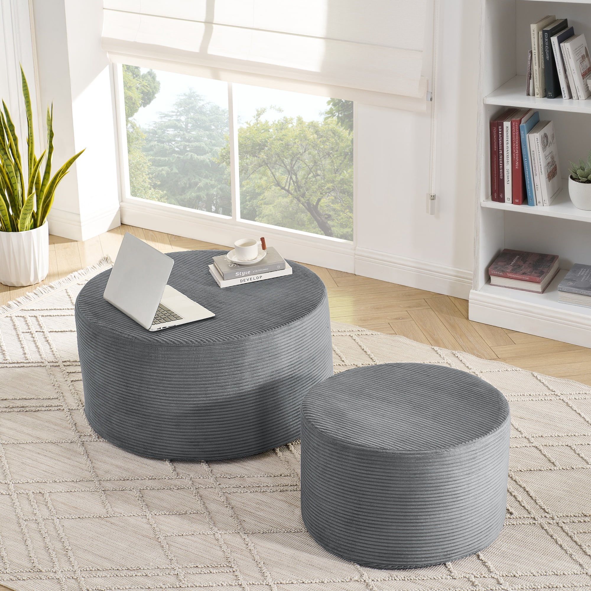 Garitin Ottoman Set of 2 and Round Cylindrical Floor Stools, Upholstered Pouf Seating for Living Room Bedroom Lounge, Dark Gray