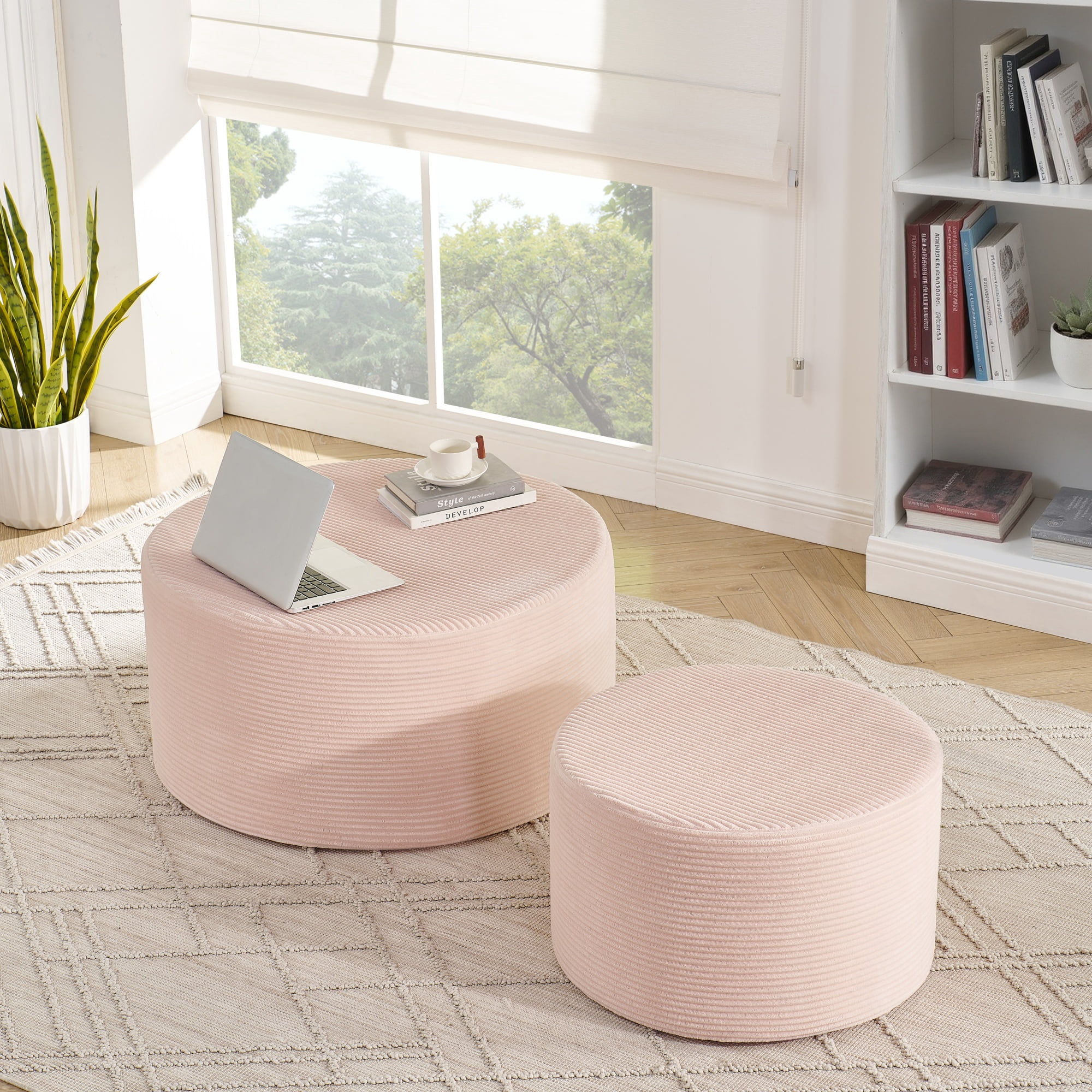 Garitin Ottoman Set of 2 and Round Cylindrical Floor Stools, Upholstered Pouf Seating for Living Room Bedroom Lounge, Pink