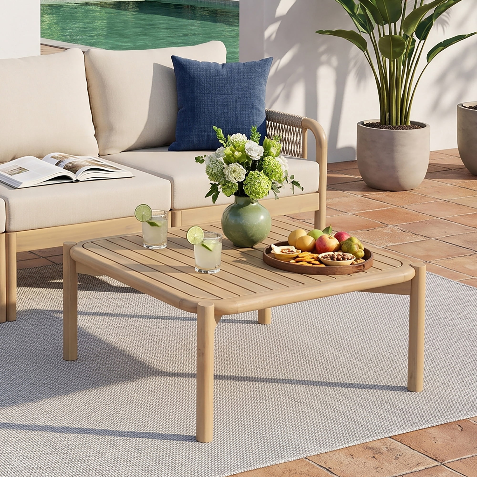 Garitin Outdoor Coffee Table and Acacia Wood Patio Table 27.5 Inch, Weather Resistant Center Table with Slatted Top for Garden Deck, Light Teak