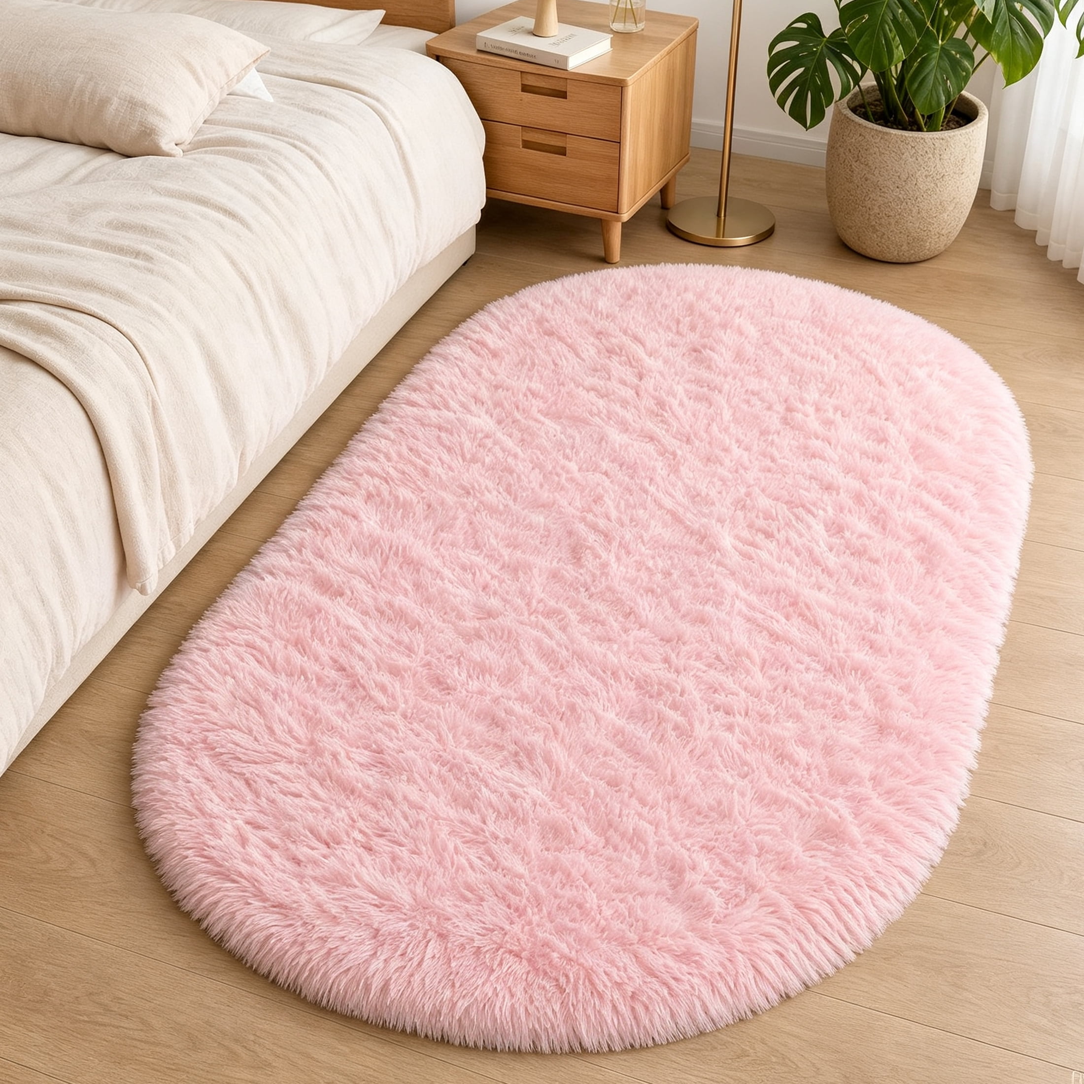 Playful Rug Oval Fluffy Pink Shag Area Rug, Soft Plush Fuzzy Bedroom Rug, Non-Slip ...