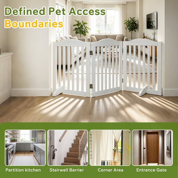 Garitin Pet Gate and Freestanding Dog Gate 24 Inch, Wooden Foldable Step Over Fence with 3 Panels for Doorway Hallway, White