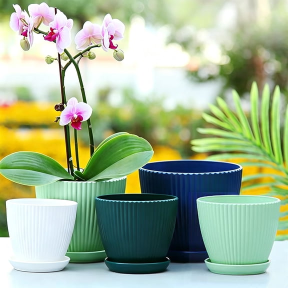 5 Pack Plastic Plant Pots, 5 Sizes Ribbed Planters with Drainage Holes & Saucers, Multicolor Flower Pots for Indoor Plants
