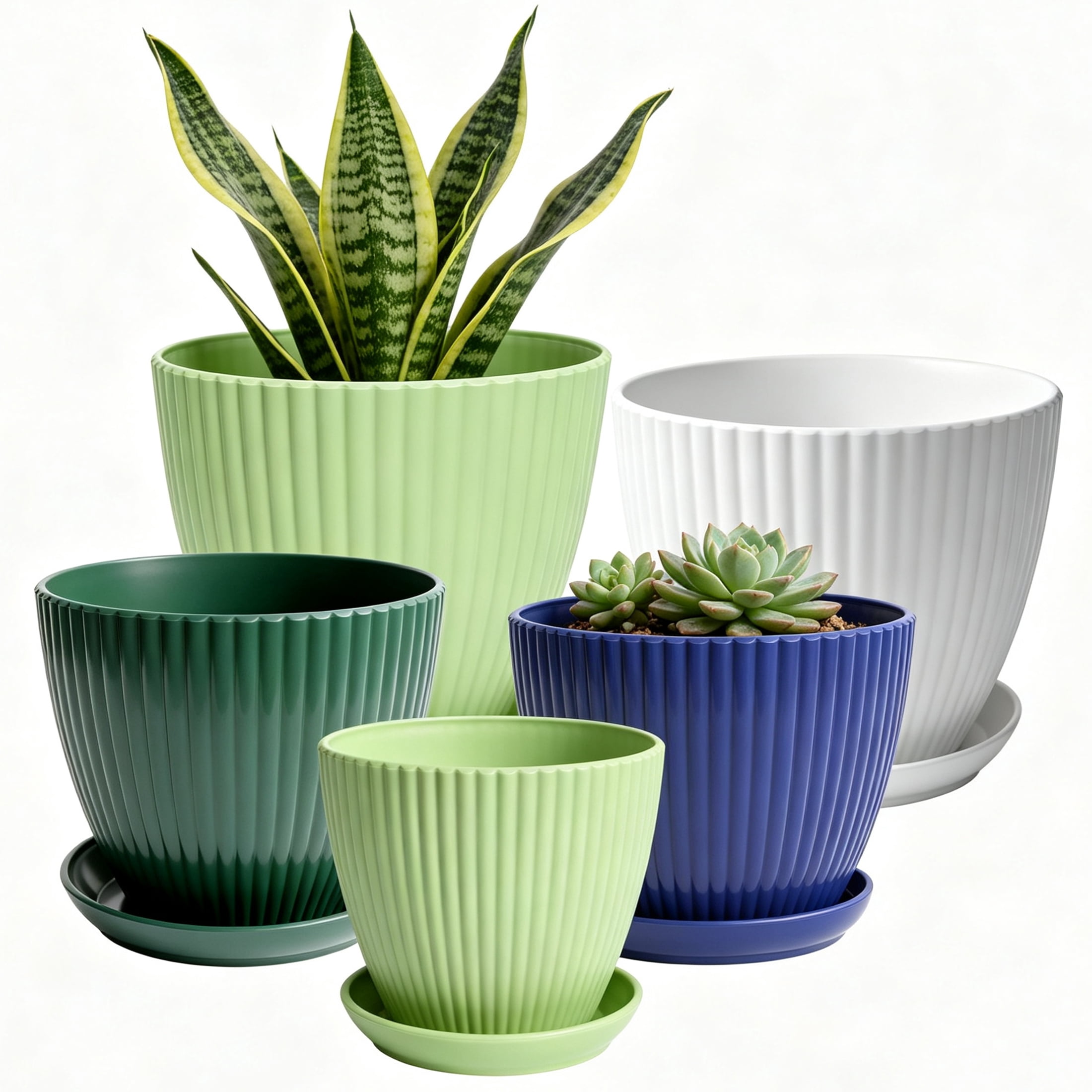 5 Pack Plastic Plant Pots with Drainage Holes and Saucers, Multi Size Indoor Planters, Vertical Ribbed Flower Pots for Succulents, Herbs, House Plants