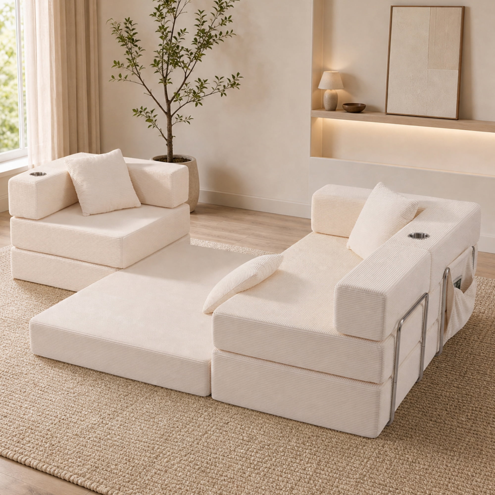 Garitin Sectional Sofa and Modular L Shape Cloud Couch 108 Inch, Boneless Deep Seat Corduroy Living Room Furniture, White