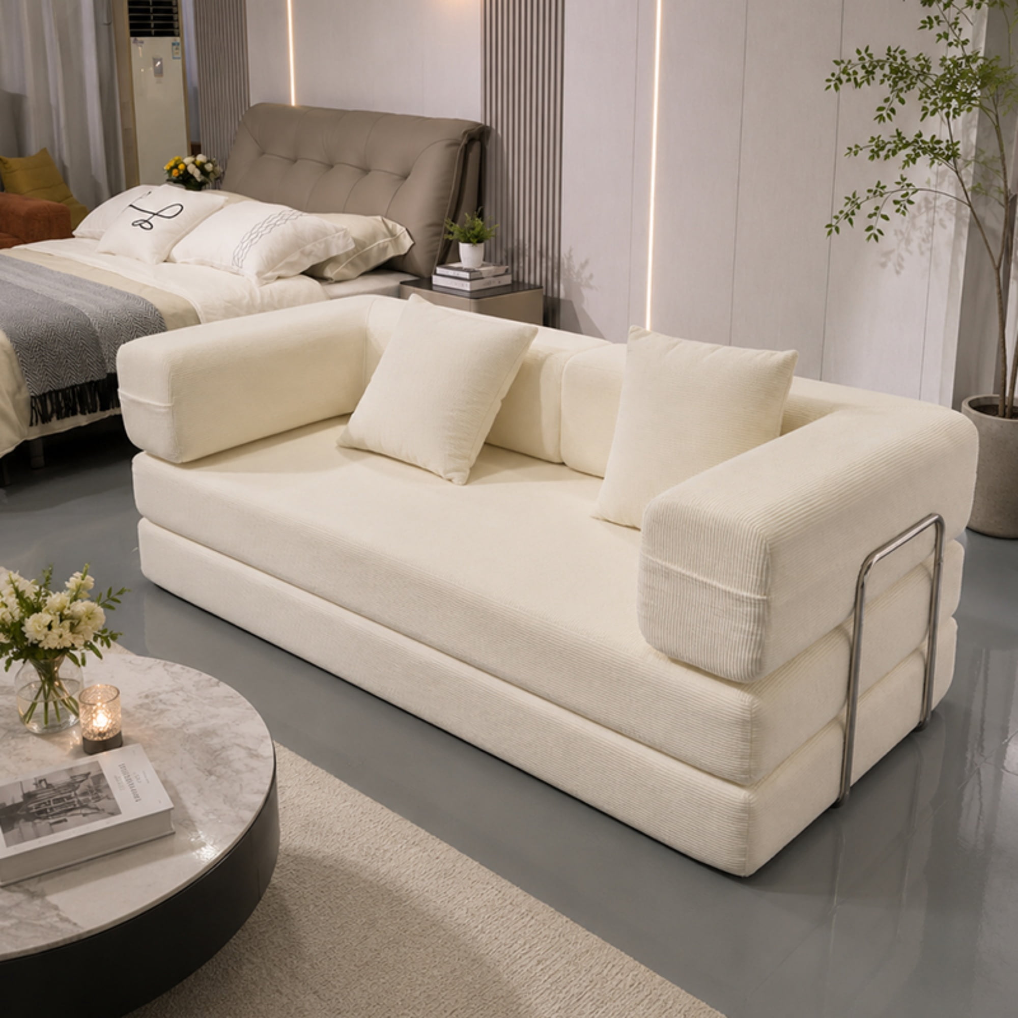 Garitin Sofa Bed and Convertible Floor Sofa 78.74 Inch, Corduroy Fabric Couch with Double Pillows for Living Room Bedroom, Ancient White