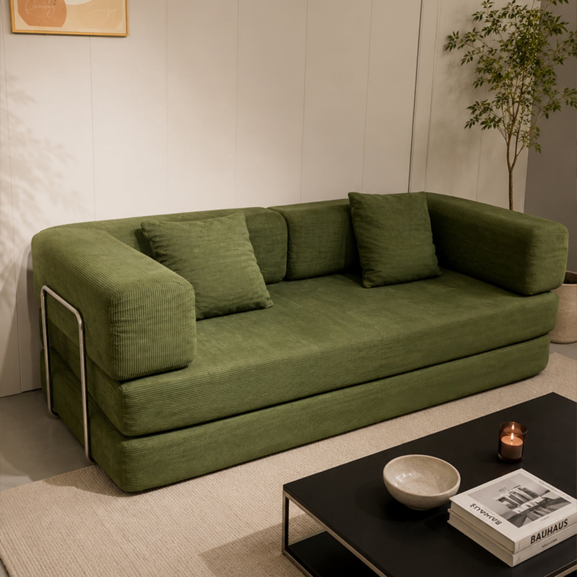 Garitin Sofa Bed and Convertible Floor Sofa 78.74 Inch, Corduroy Fabric Couch with Double Pillows for Living Room Bedroom, Green