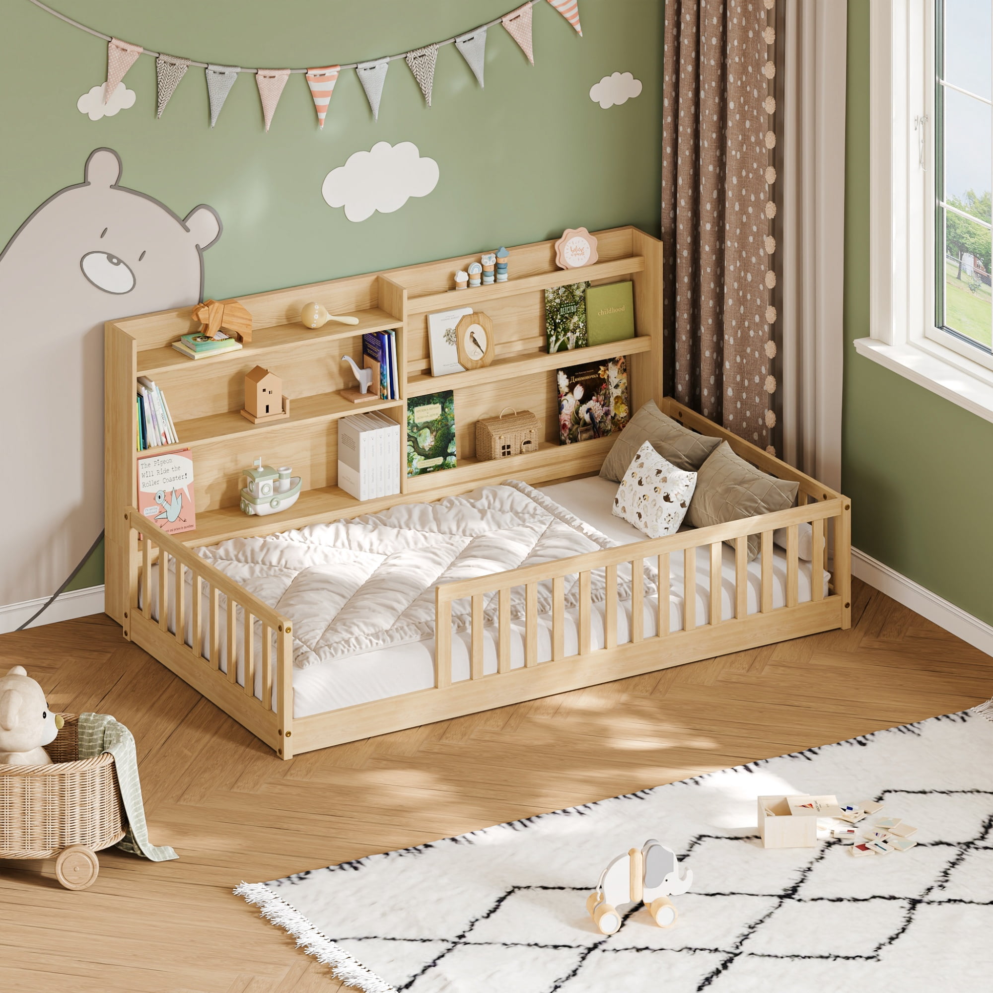 Garitin Twin Floor Bed and Montessori Kids Bed 77.2 Inch, Solid Pine Wood Frame with Bookshelf and Safety Rails for Children Bedroom, Natural
