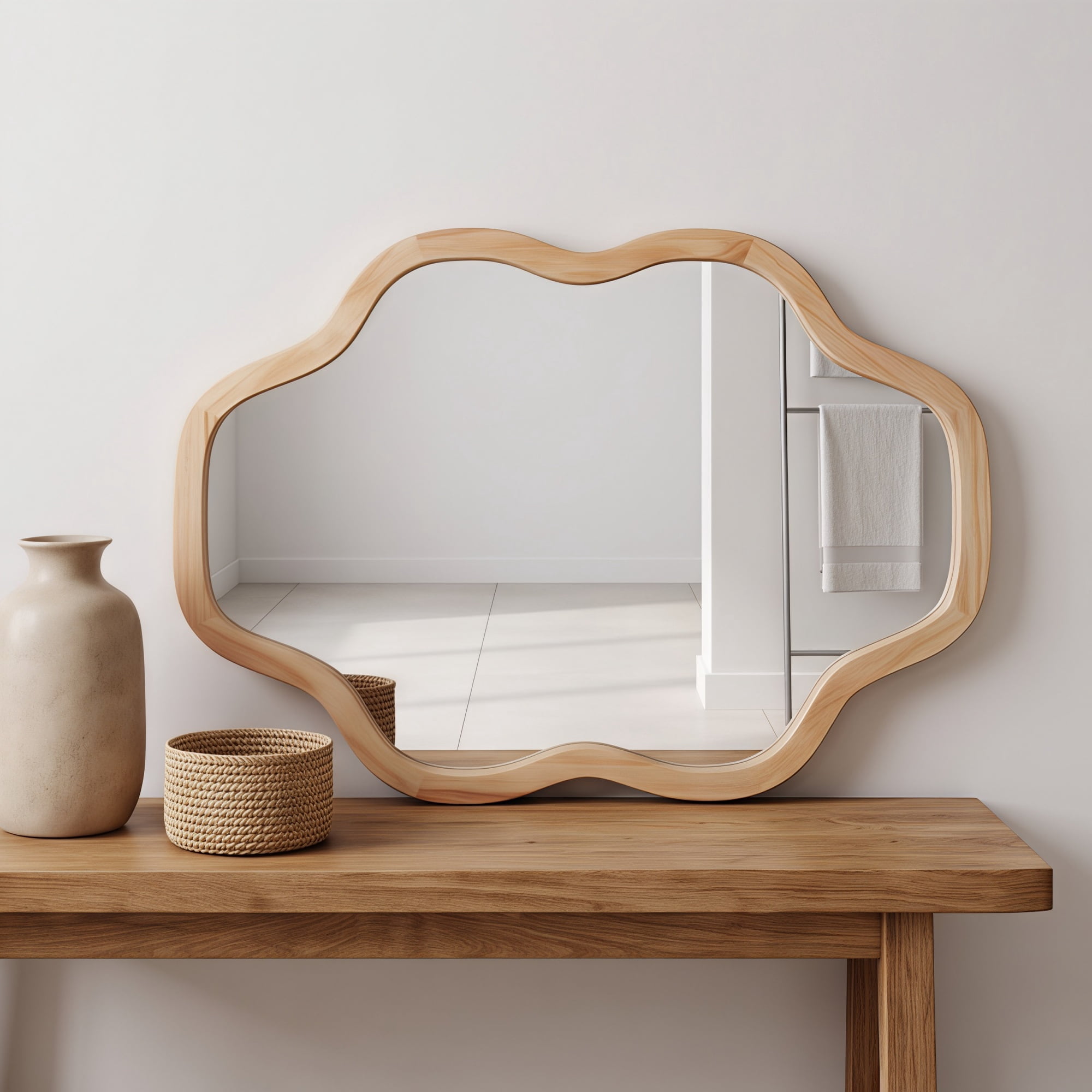 Garitin Wall Mirror and Cloud Shape Decorative Mirror 20 x 30 Inch, Solid Wood Framed Vanity Mirror for Bathroom Entryway Living Room, Natural